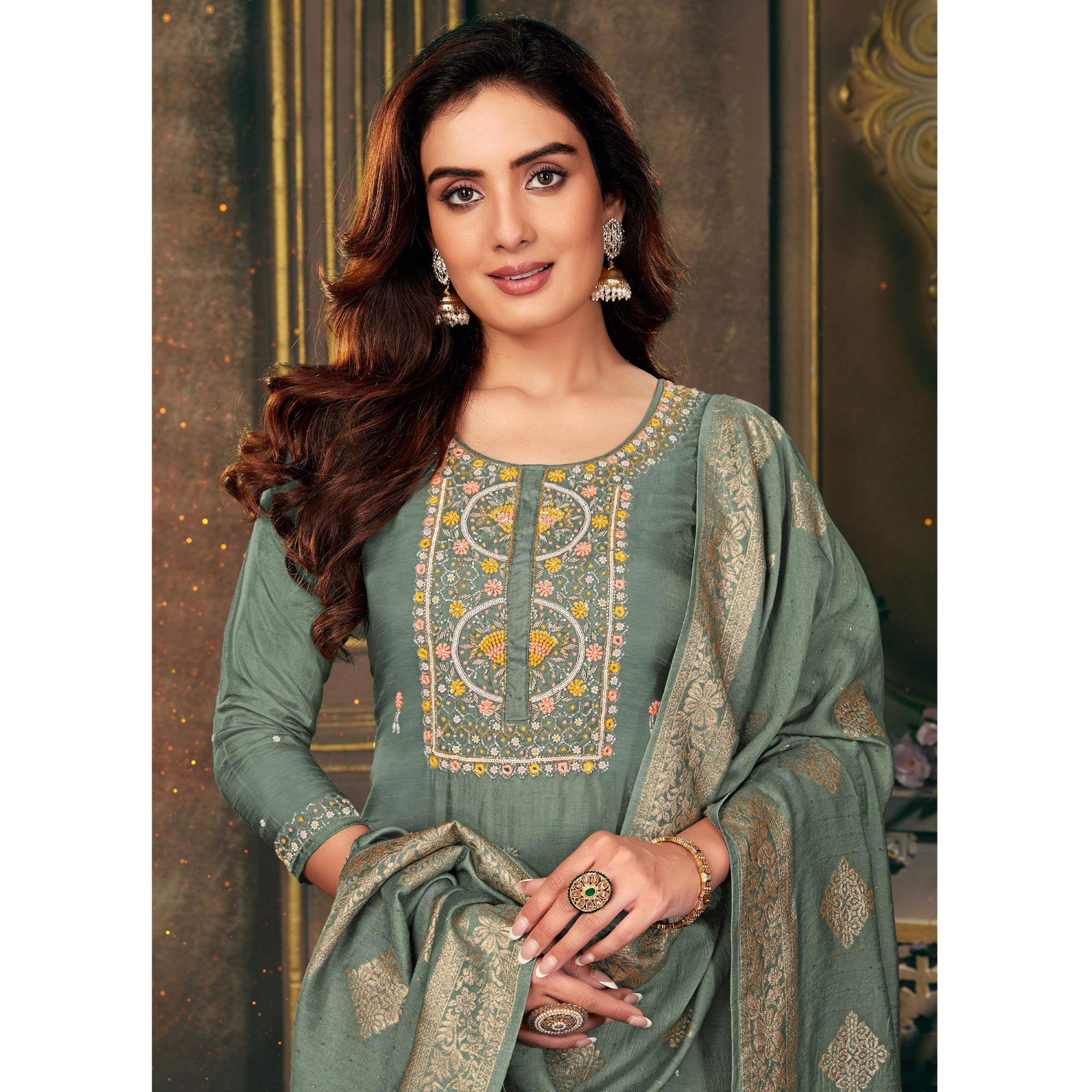 Green Floral Embroidered Dola Silk Suit