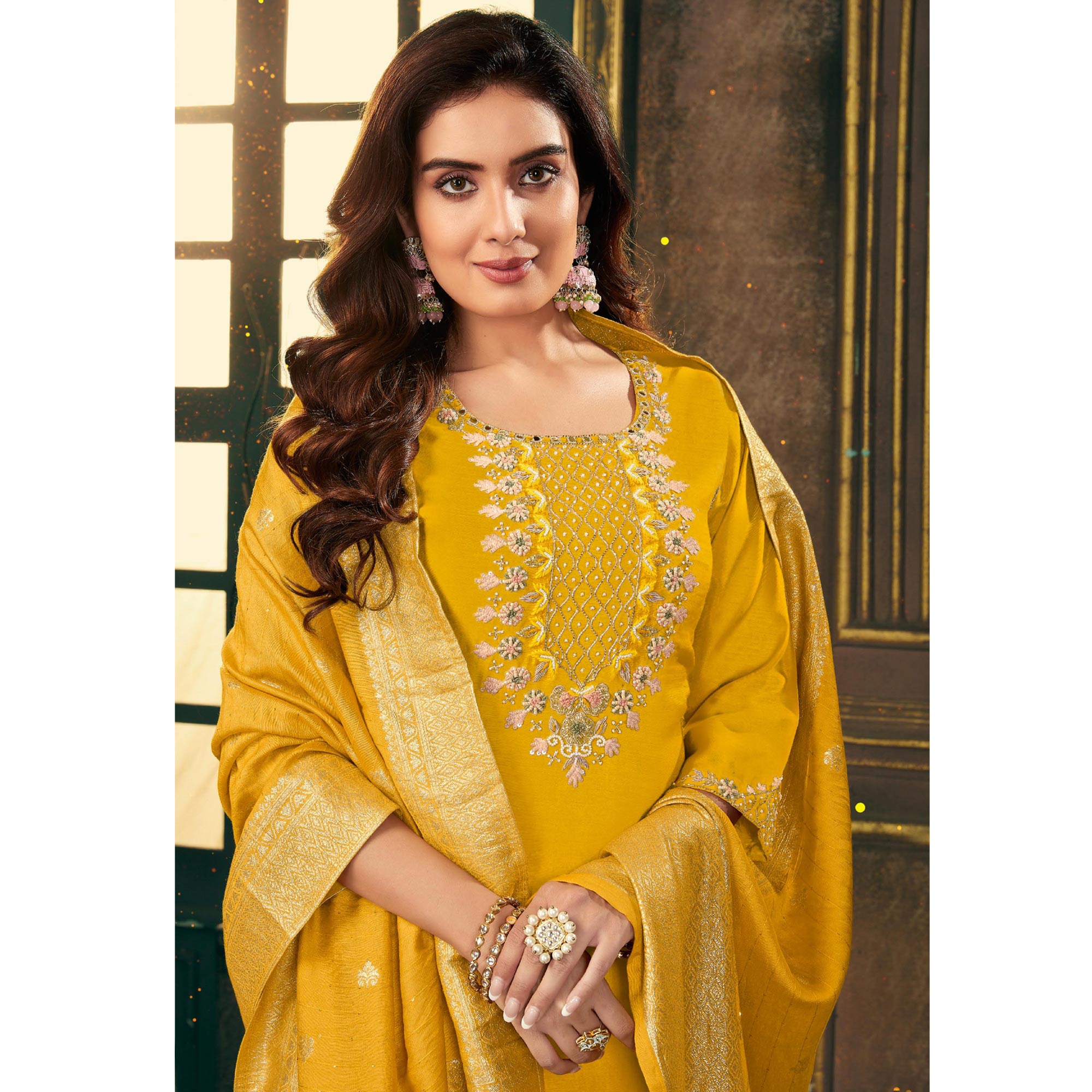 Yellow Floral Embroidered Dola Silk Suit