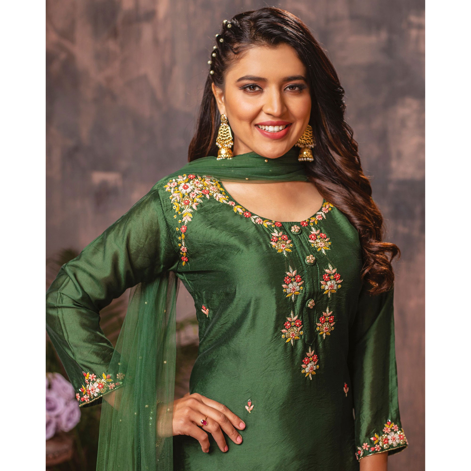 Green Floral Embroidered Chanderi Suit