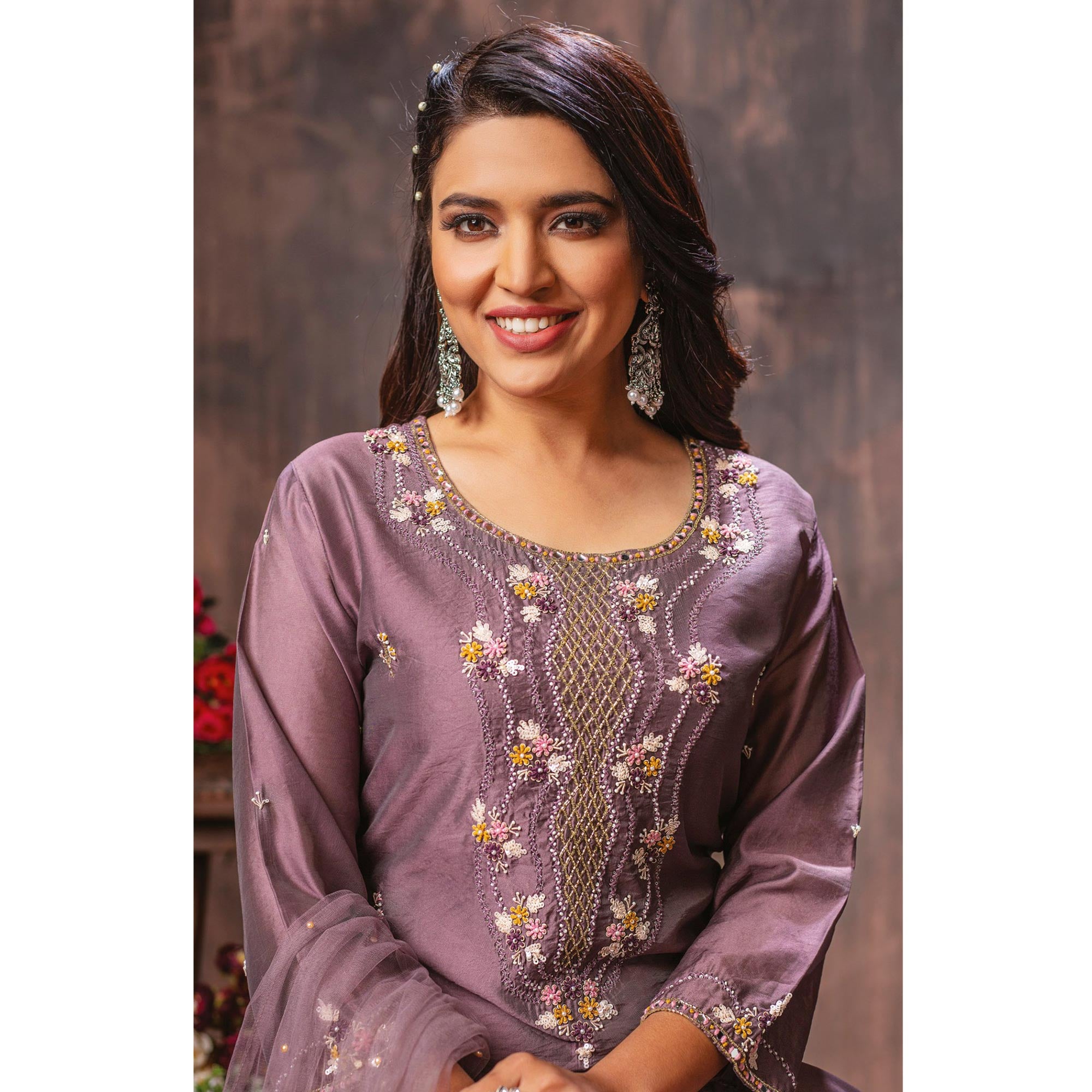 Purple Floral Embroidered Chanderi Suit