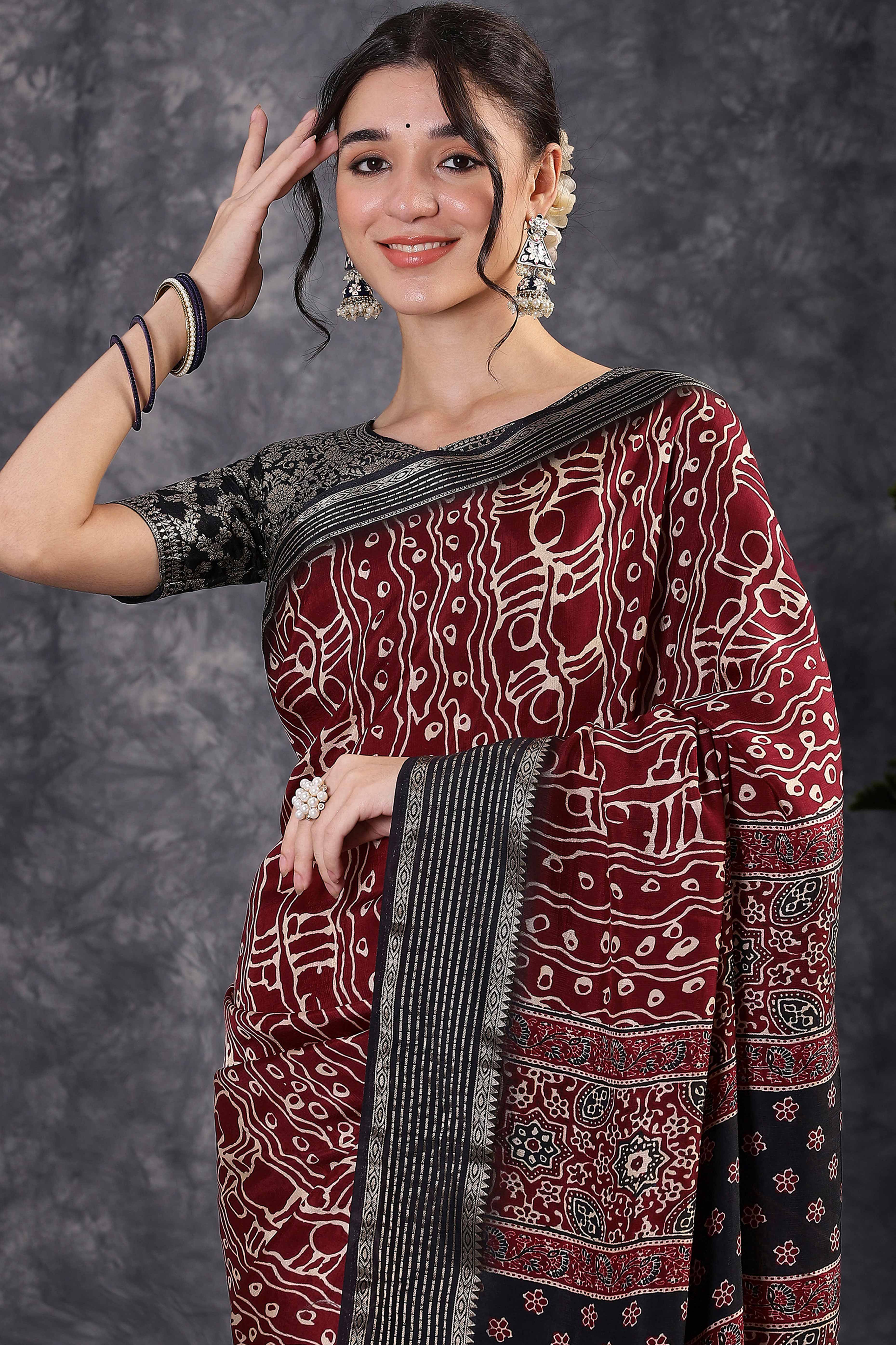Maroon Artistic Print Saree in Dola Silk with Woven Border