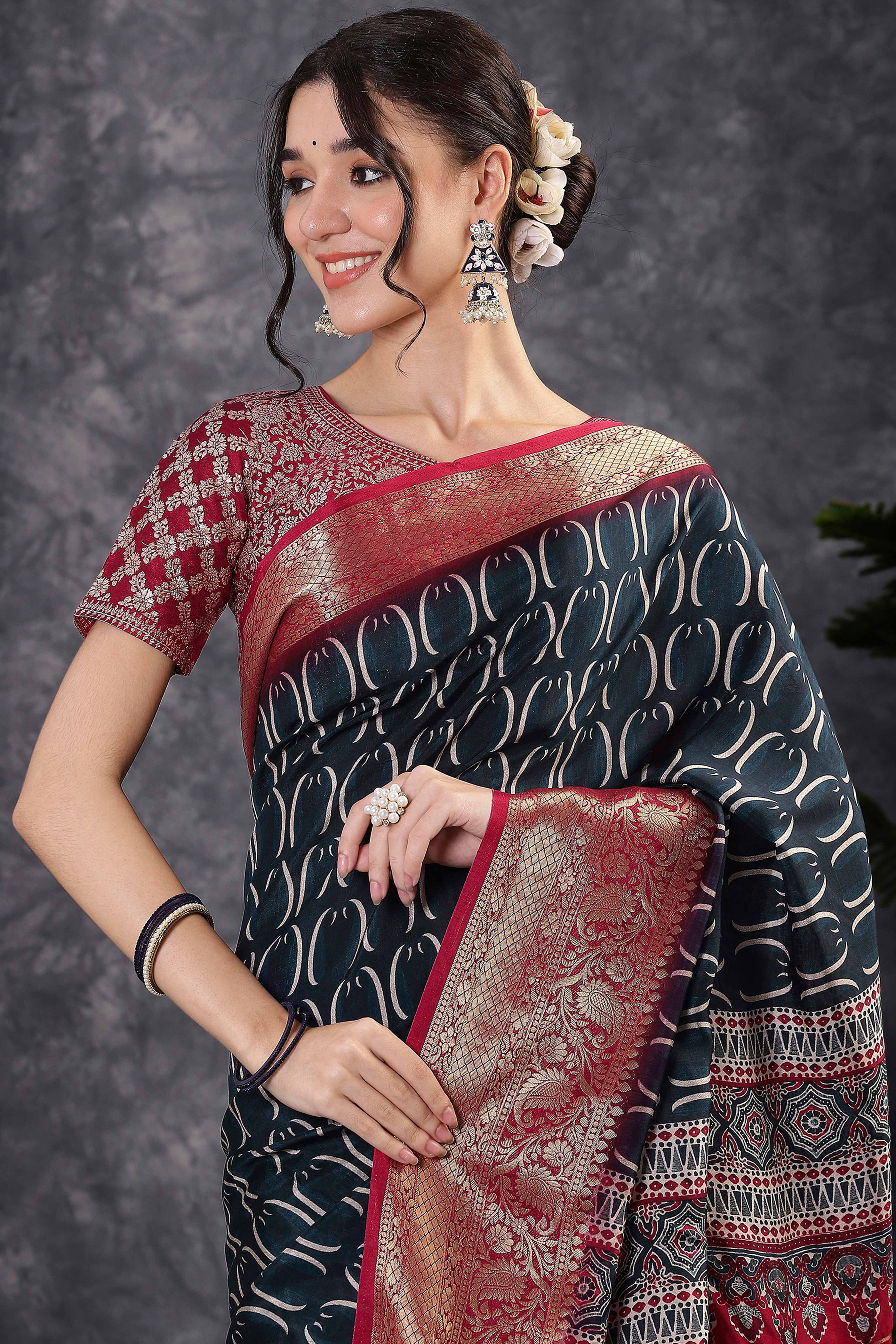 Black Artistic Print Saree in Dola Silk with Woven Border