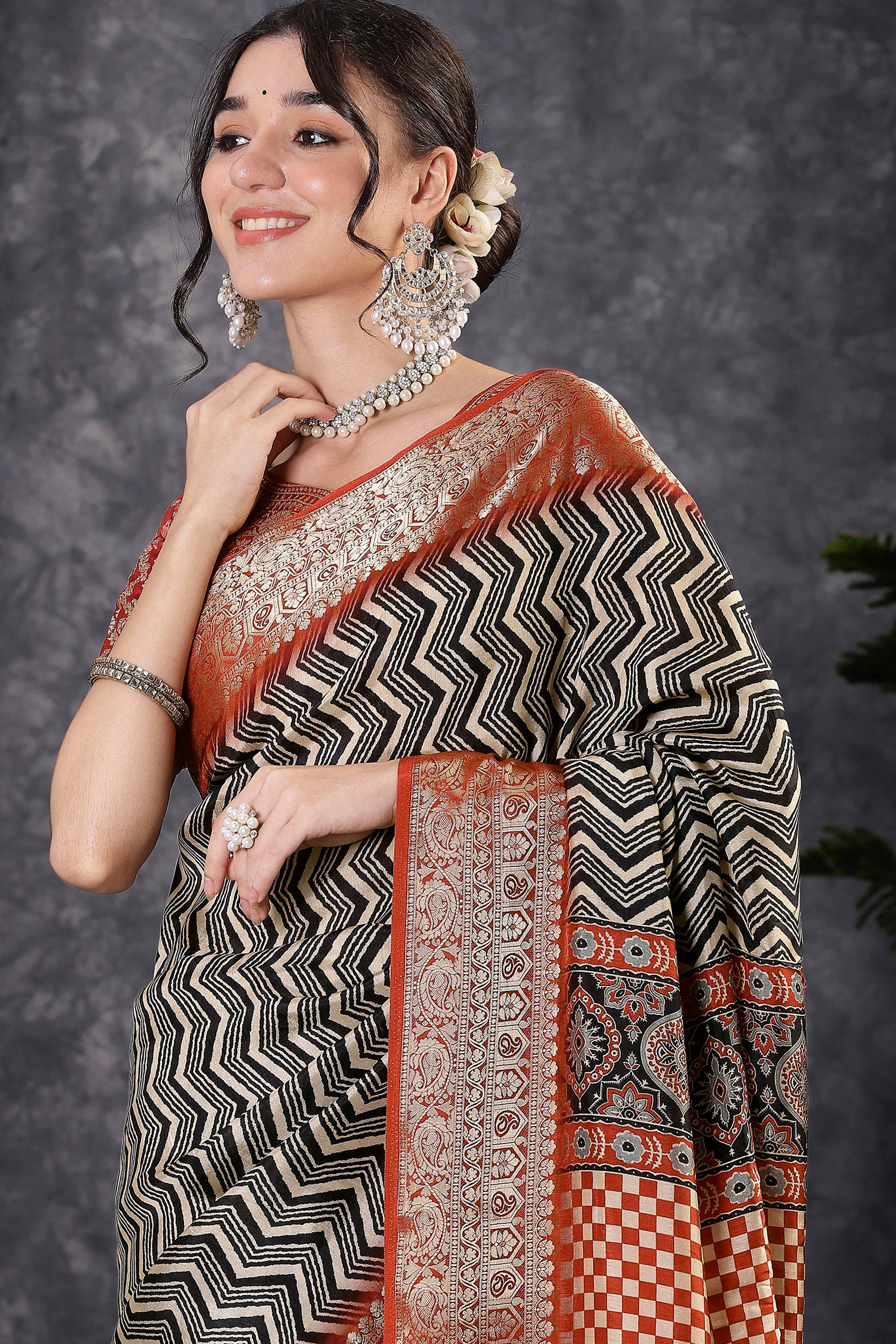 Off White & Black Dola Silk Saree Featuring Abstract Print & Jacquard Border