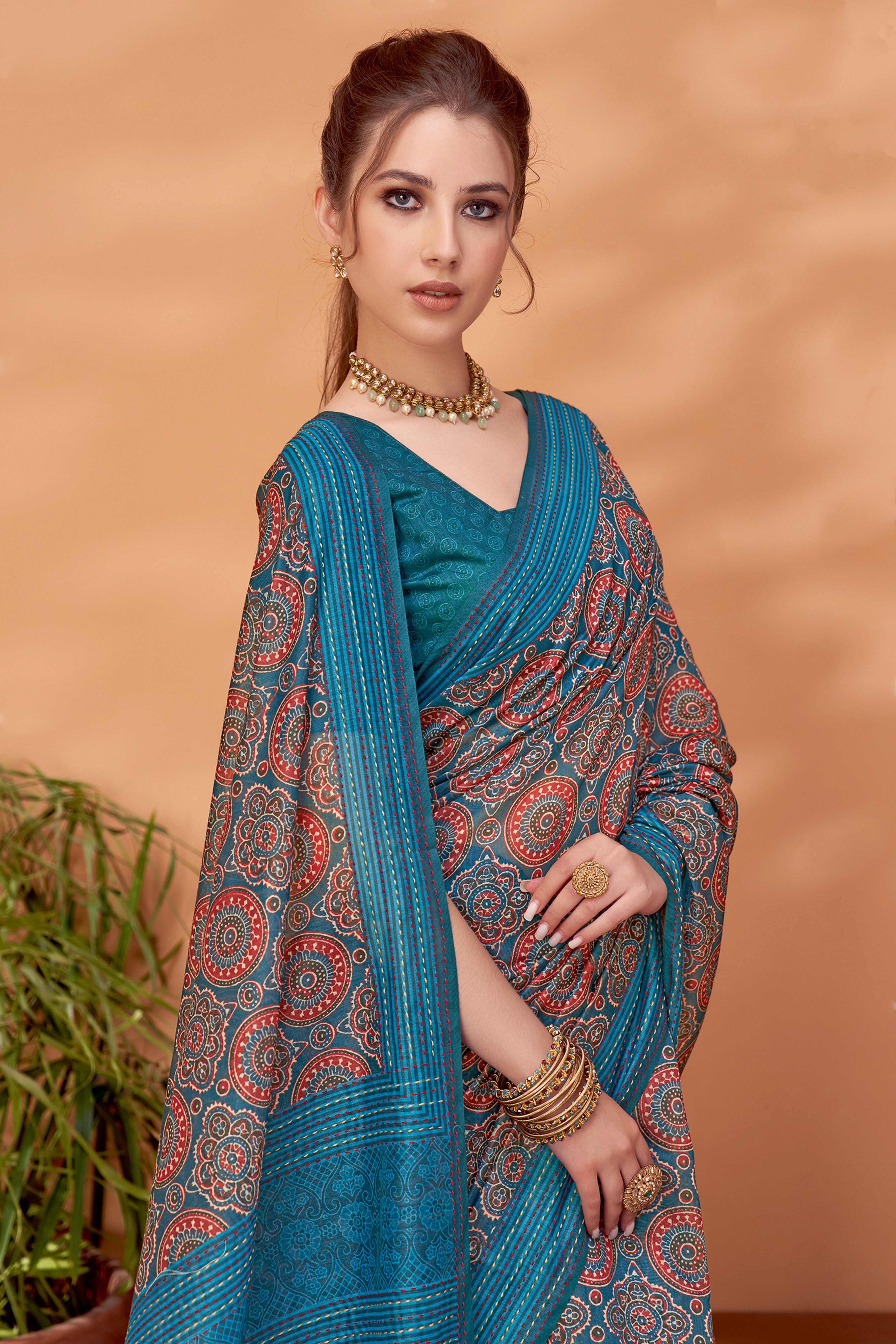 Teal Handfeel Cotton Silk Saree Adorned with Traditional Ajrakh Motifs