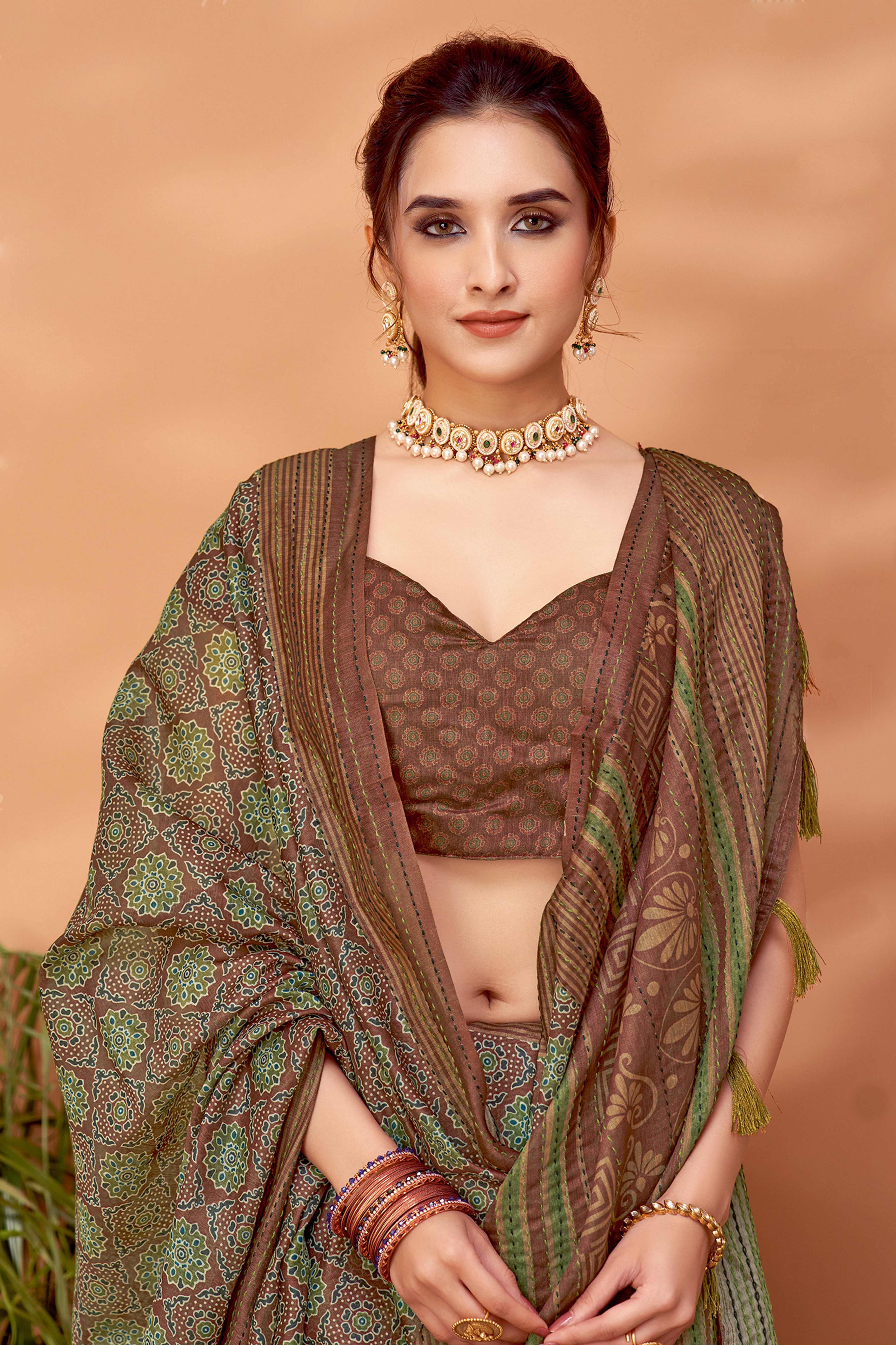 Brown Handfeel Cotton Silk Saree Adorned with Traditional Ajrakh Motifs