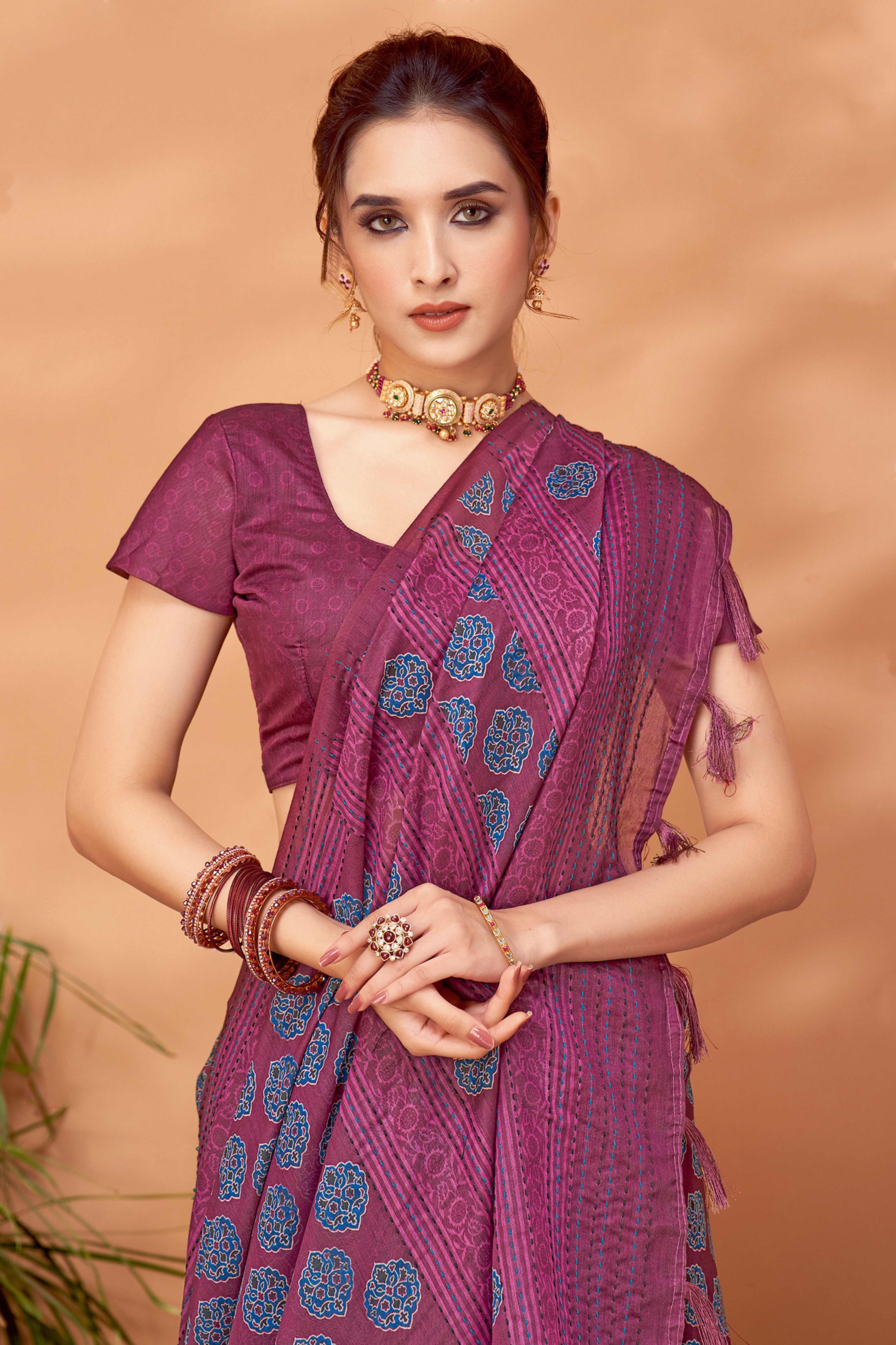 Wine Handfeel Cotton Silk Saree Adorned with Traditional Ajrakh Motifs