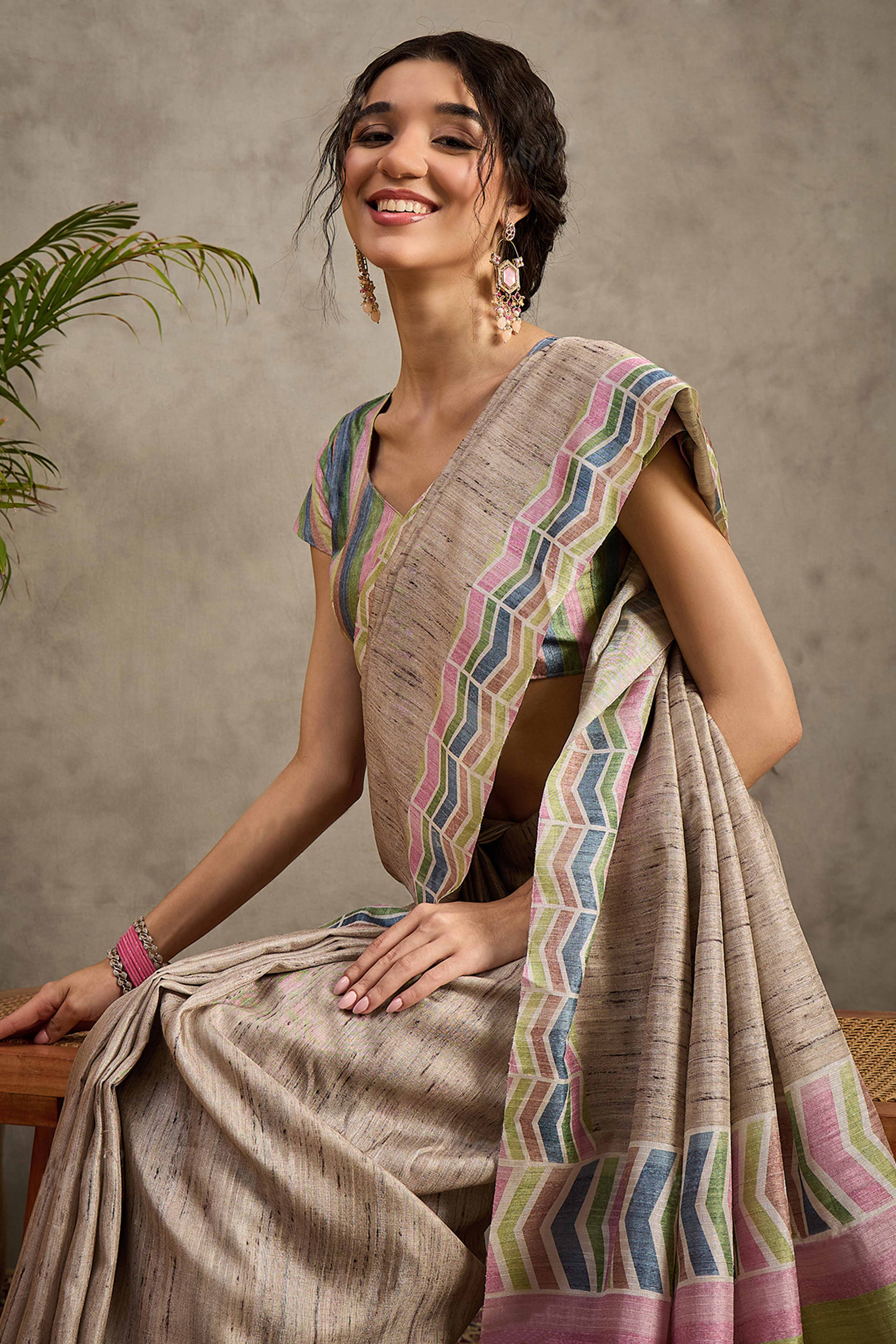 Minimalist Handloom Saree in Beige Cotton Silk Weave