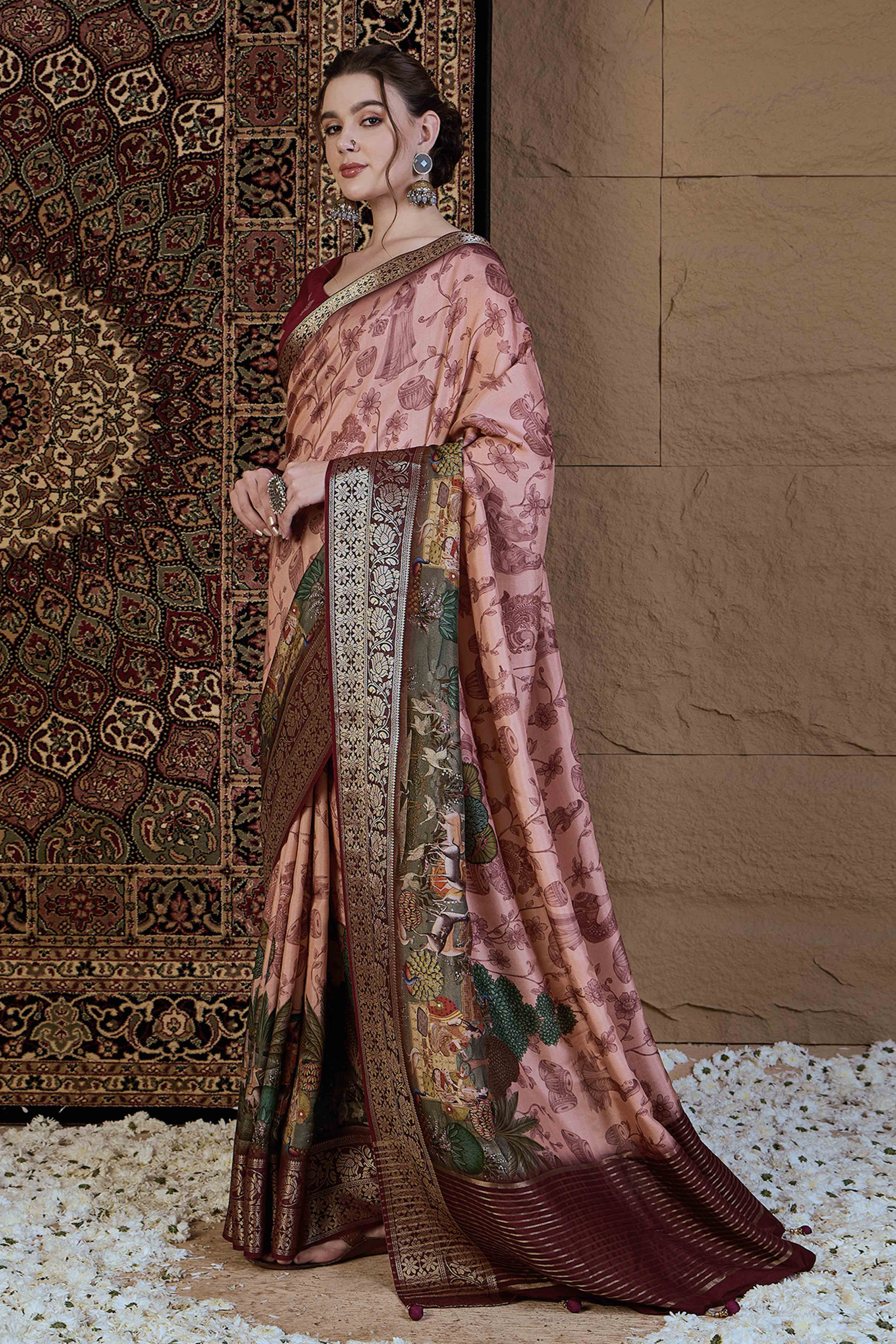 Peach Floral Printed Viscose Saree
