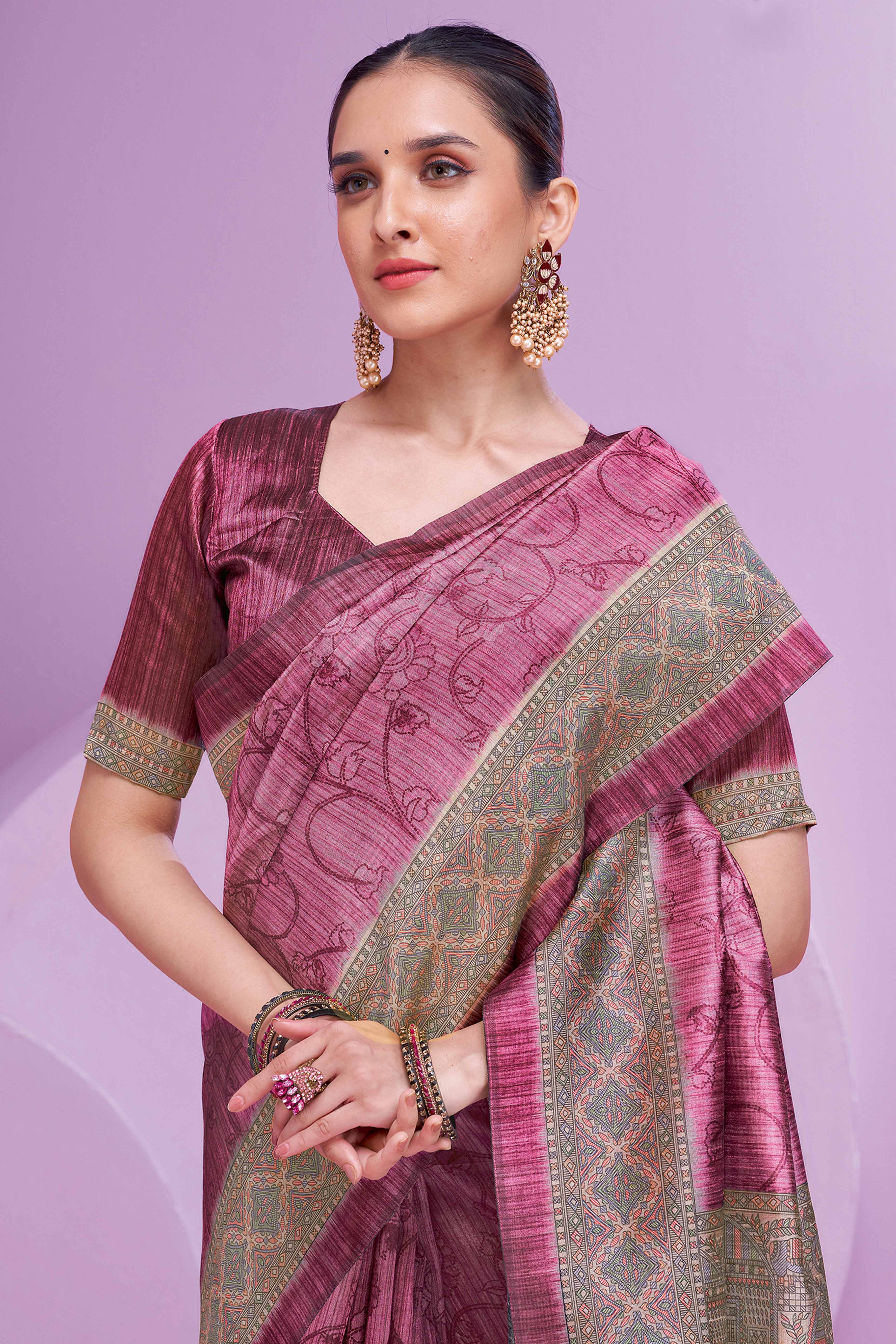 Mauve Ethnic Cotton Silk Saree Adorned with Madhubani Florals Print