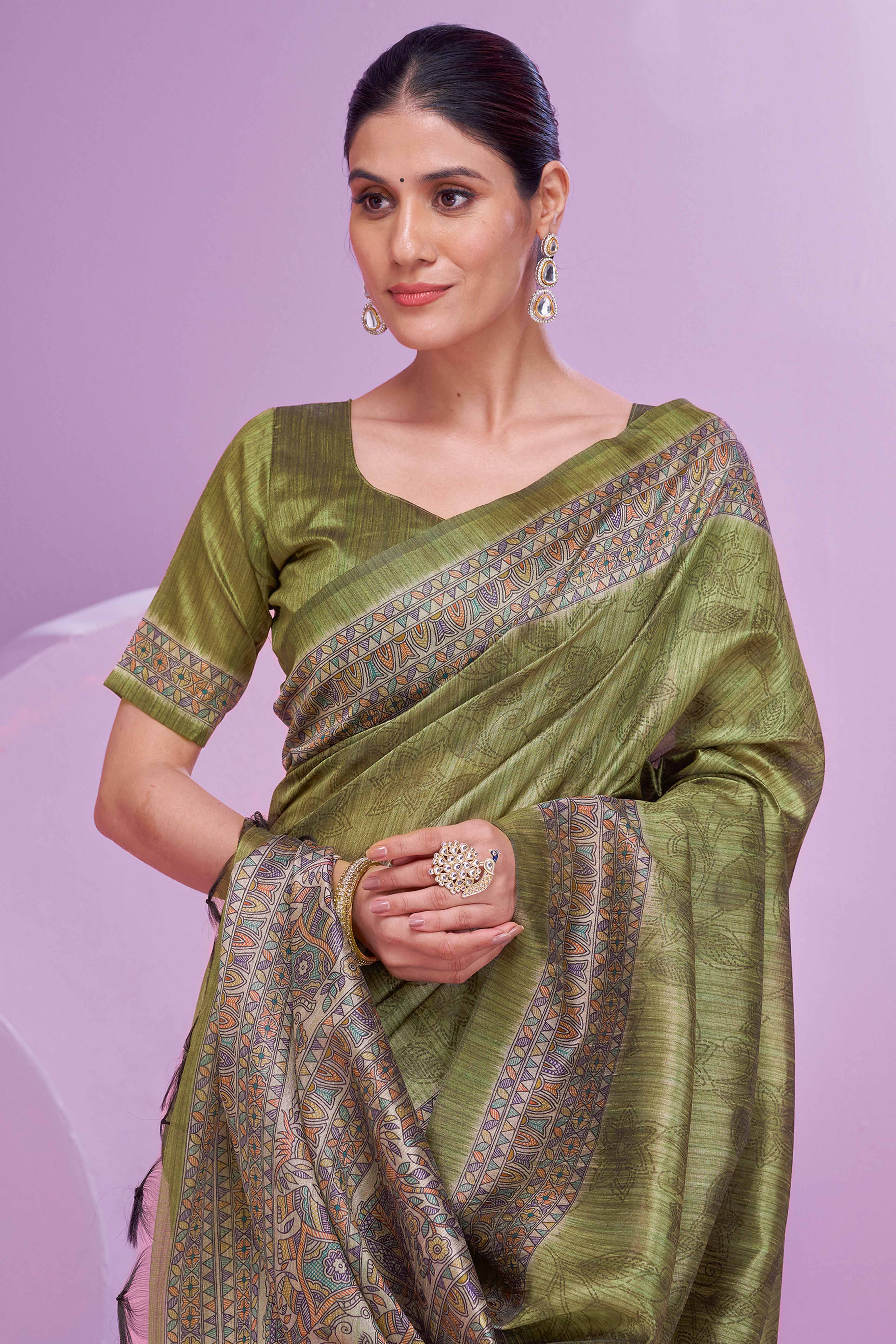 Green Ethnic Cotton Silk Saree Adorned with Madhubani Florals Print