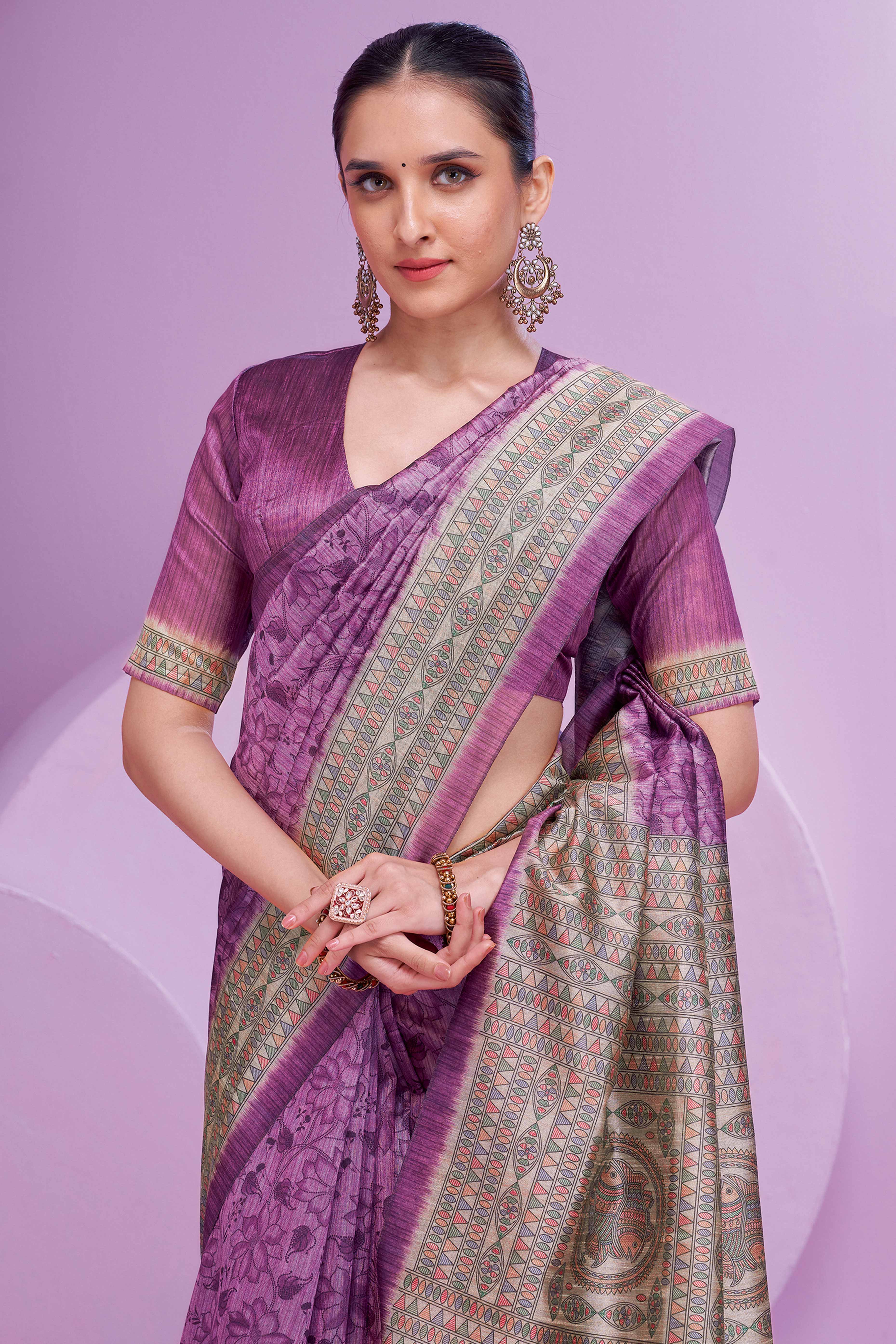 Purple Ethnic Cotton Silk Saree Adorned with Madhubani Florals Print