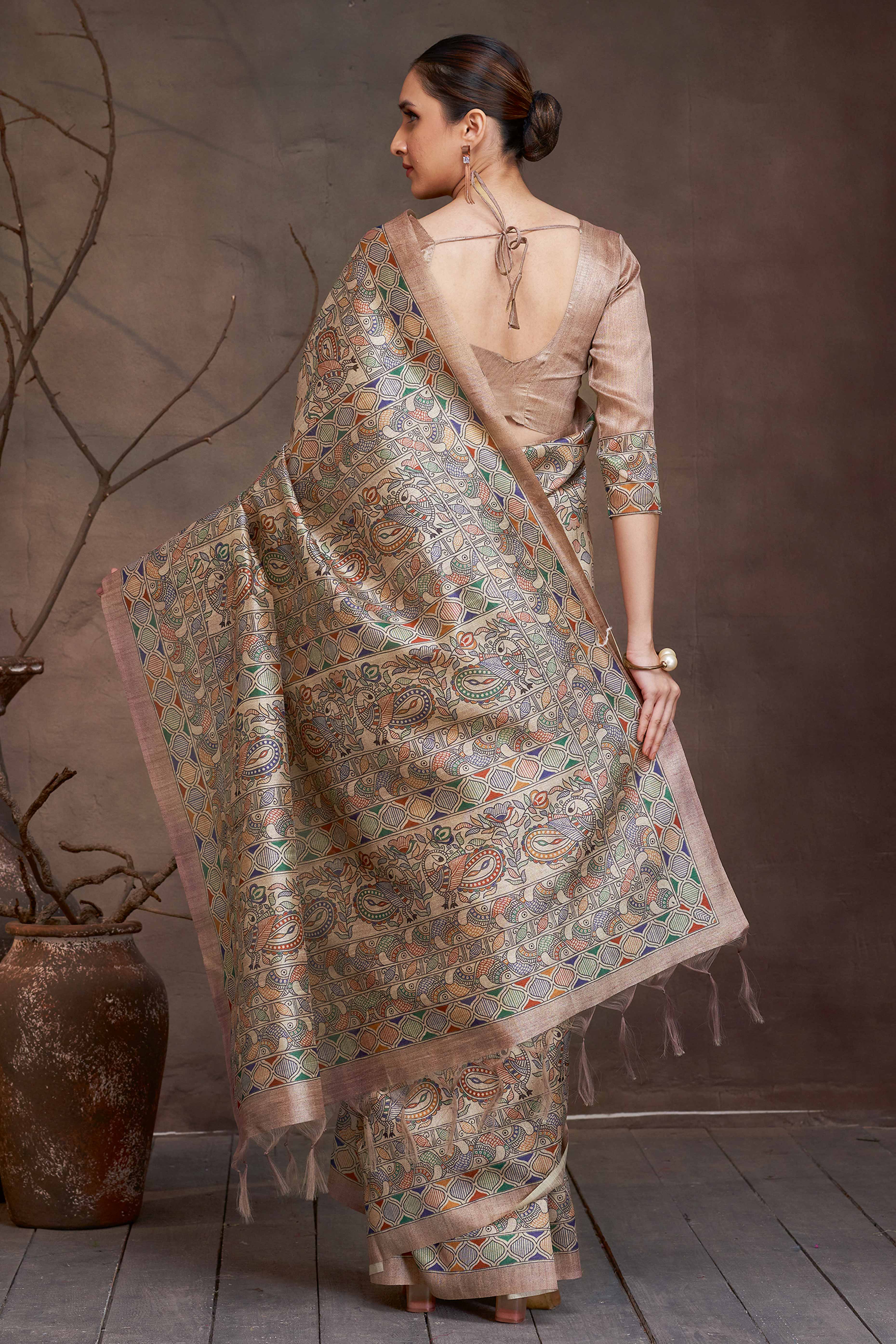 Beige Cotton Silk Saree with Floral Madhubani Print