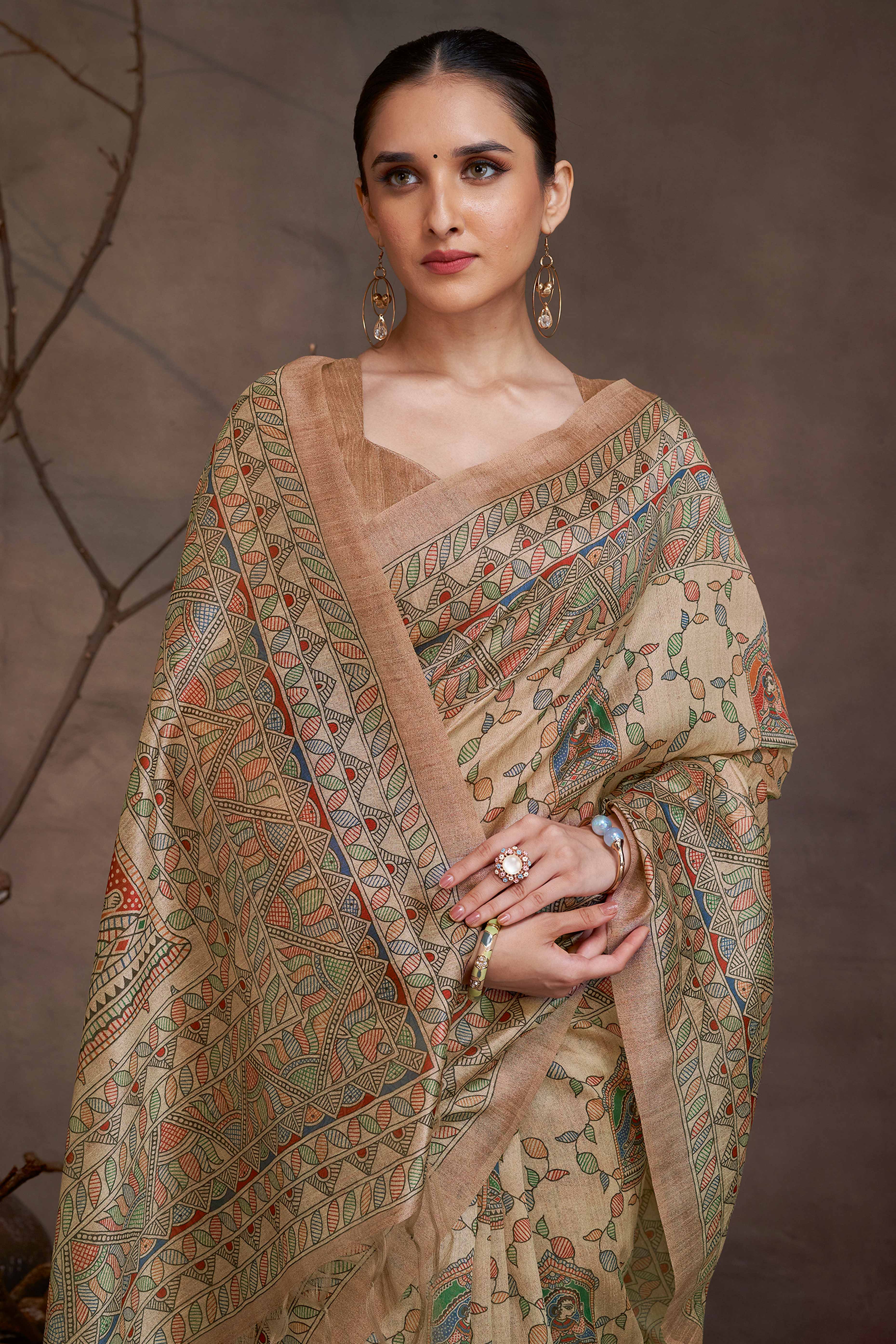 Beige Ethnic Cotton Silk Saree with Delicate Floral Madhubani Motifs