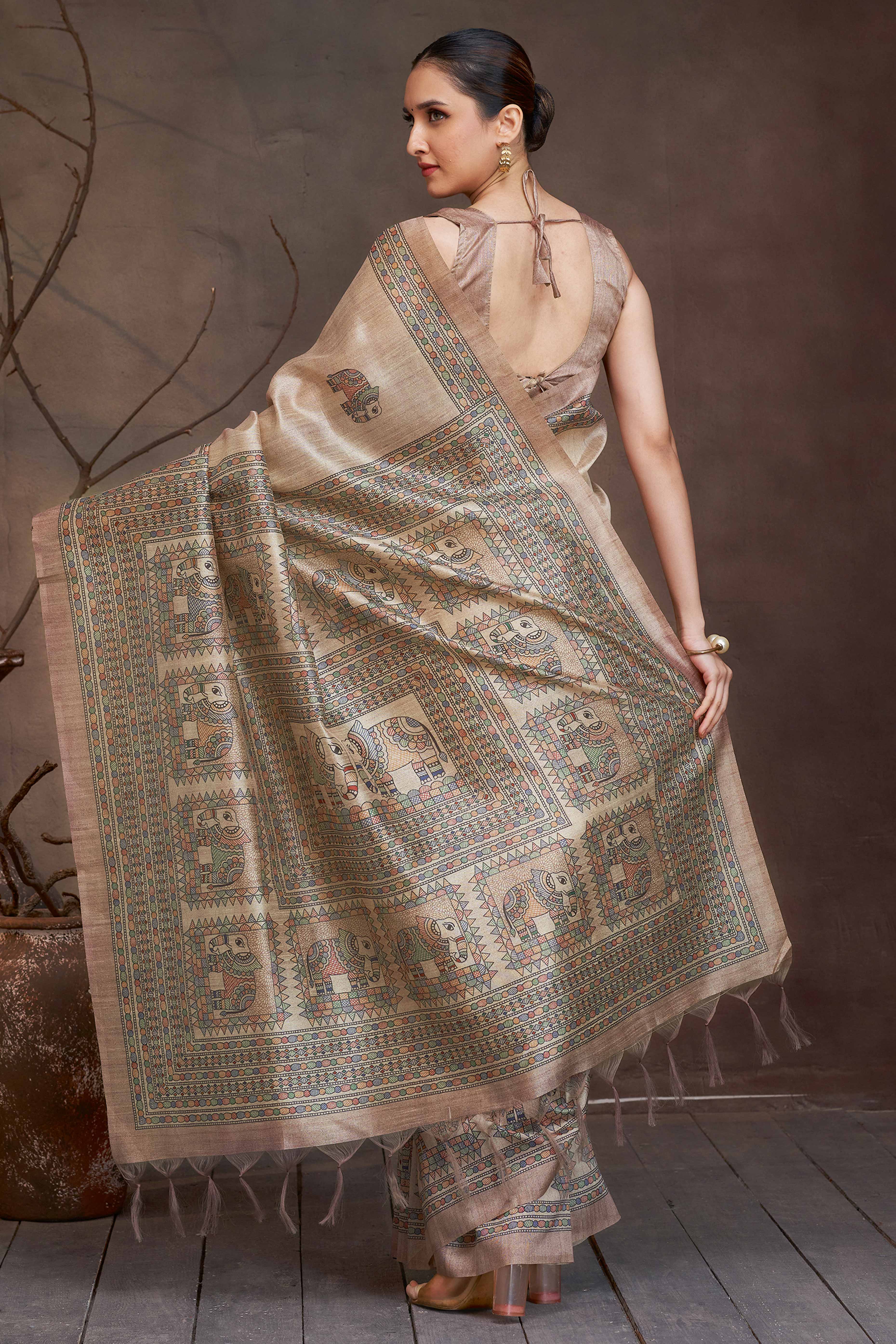 Floral Elegance in Beige Madhubani Print on Soft Cotton Silk