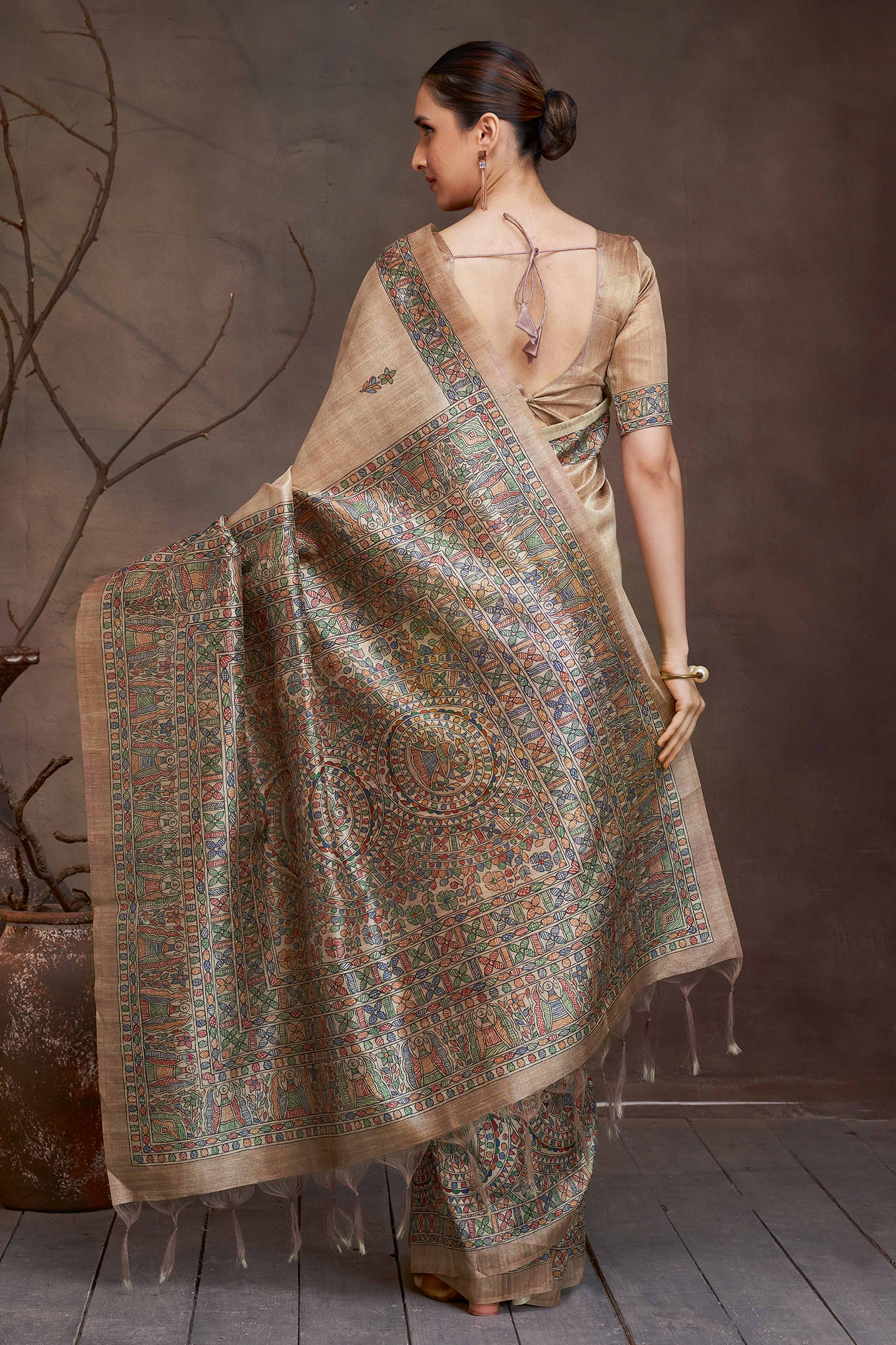 Madhubani Magic Floral Printed Beige Cotton Silk Saree