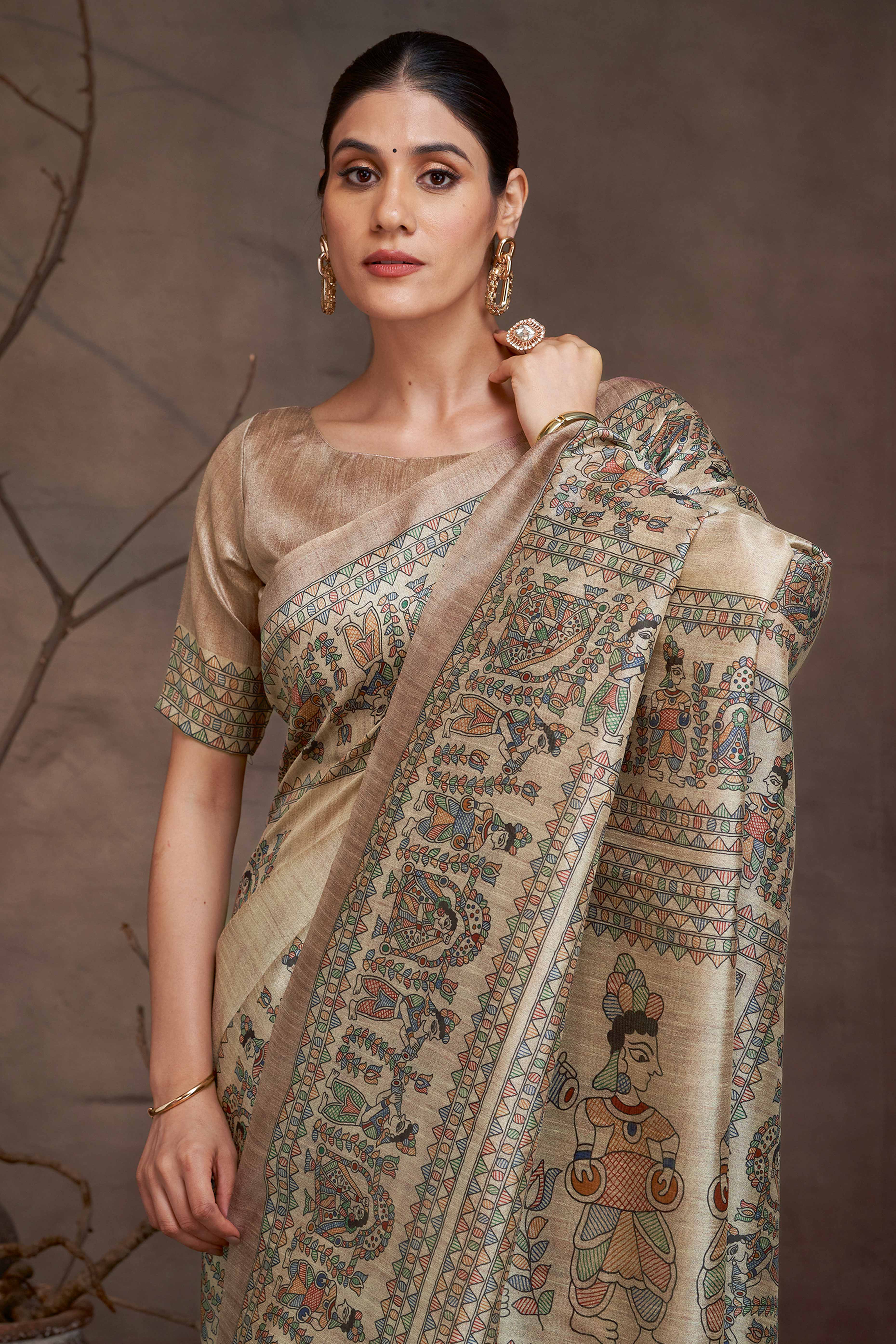 Art Inspired Beige Cotton Silk Saree with Floral Madhubani Touch
