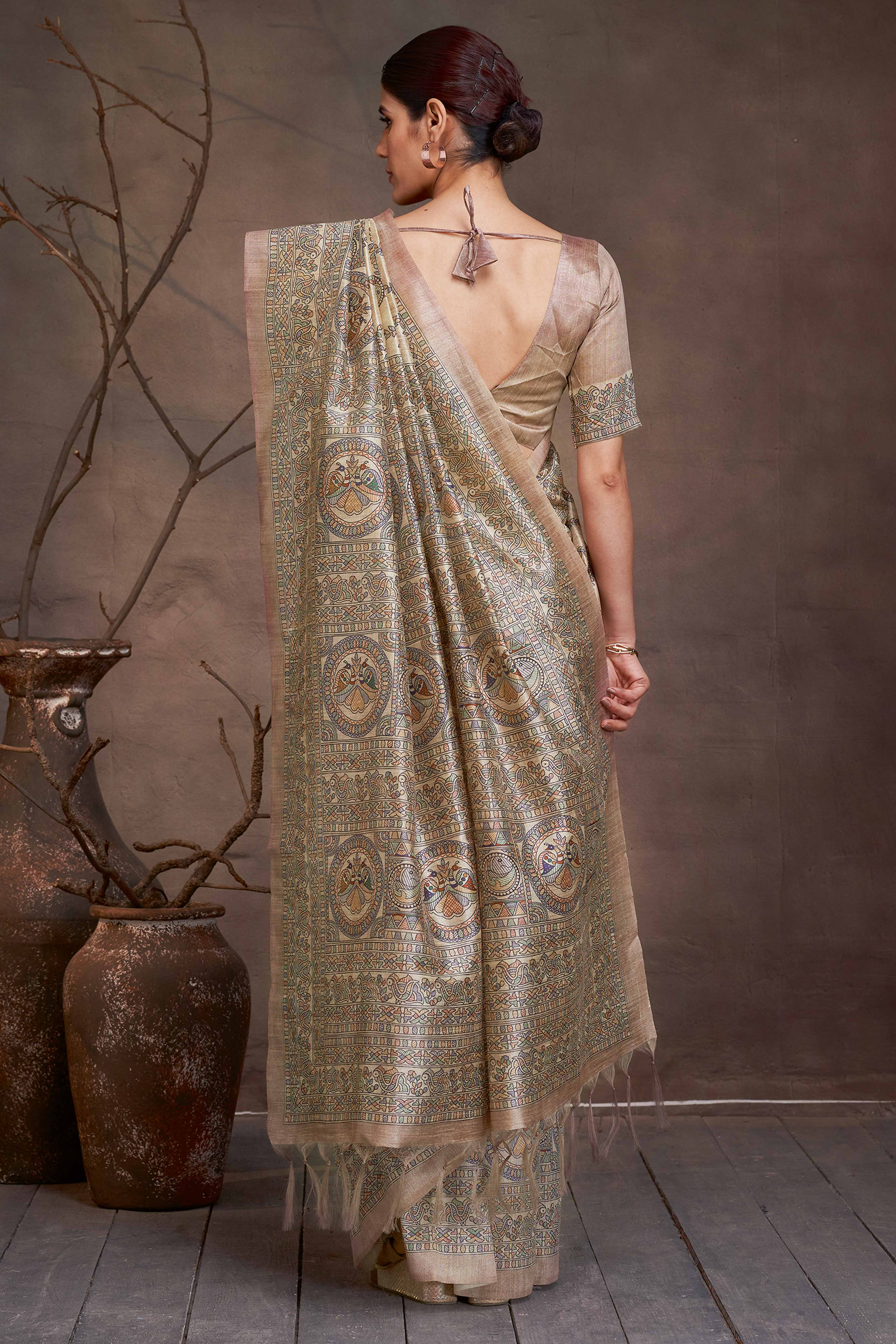 Beige Ethnic Cotton Silk Saree Adorned with Madhubani Florals