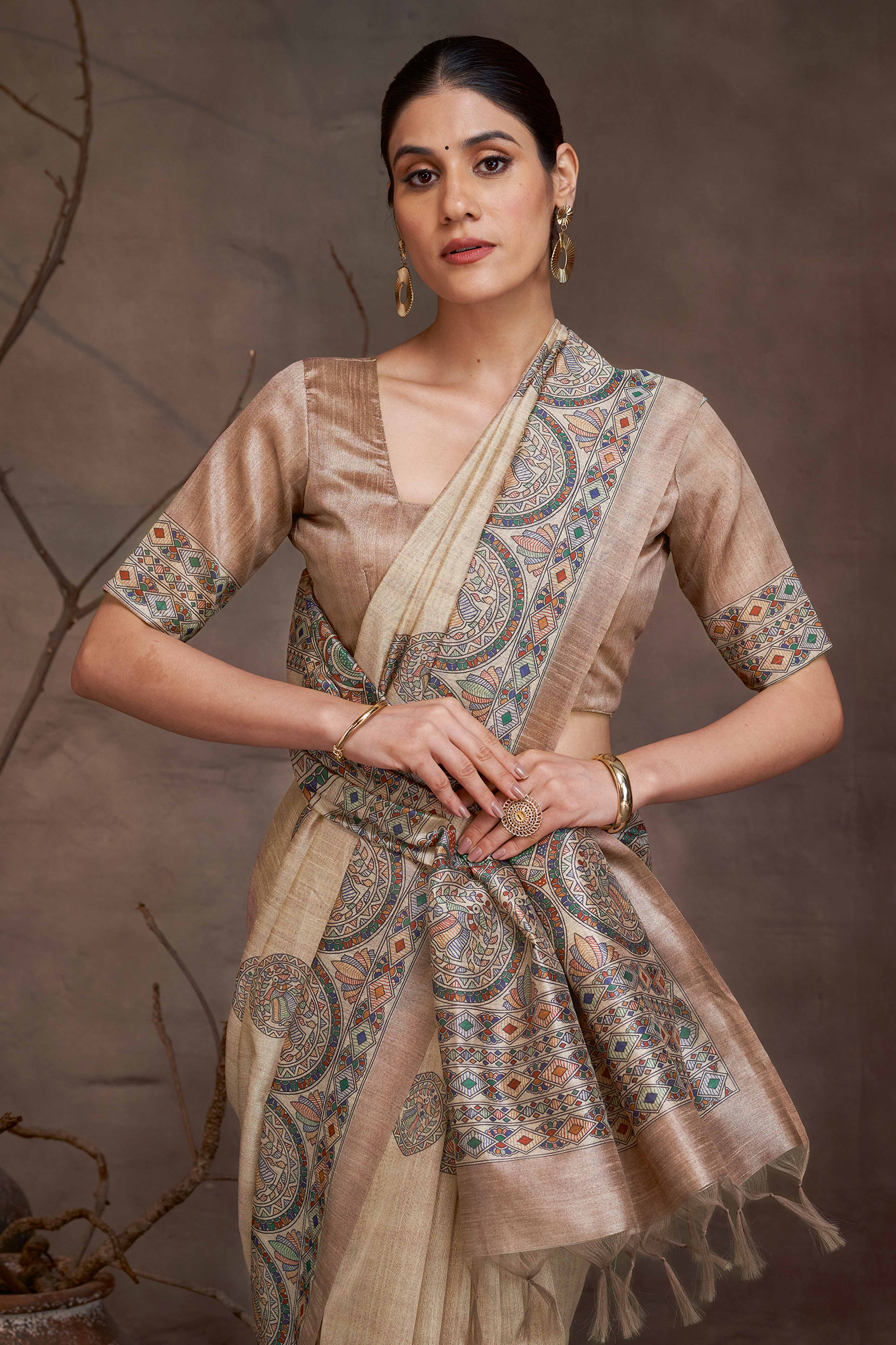 Beige Saree in Cotton Silk with Ethnic Madhubani Prints