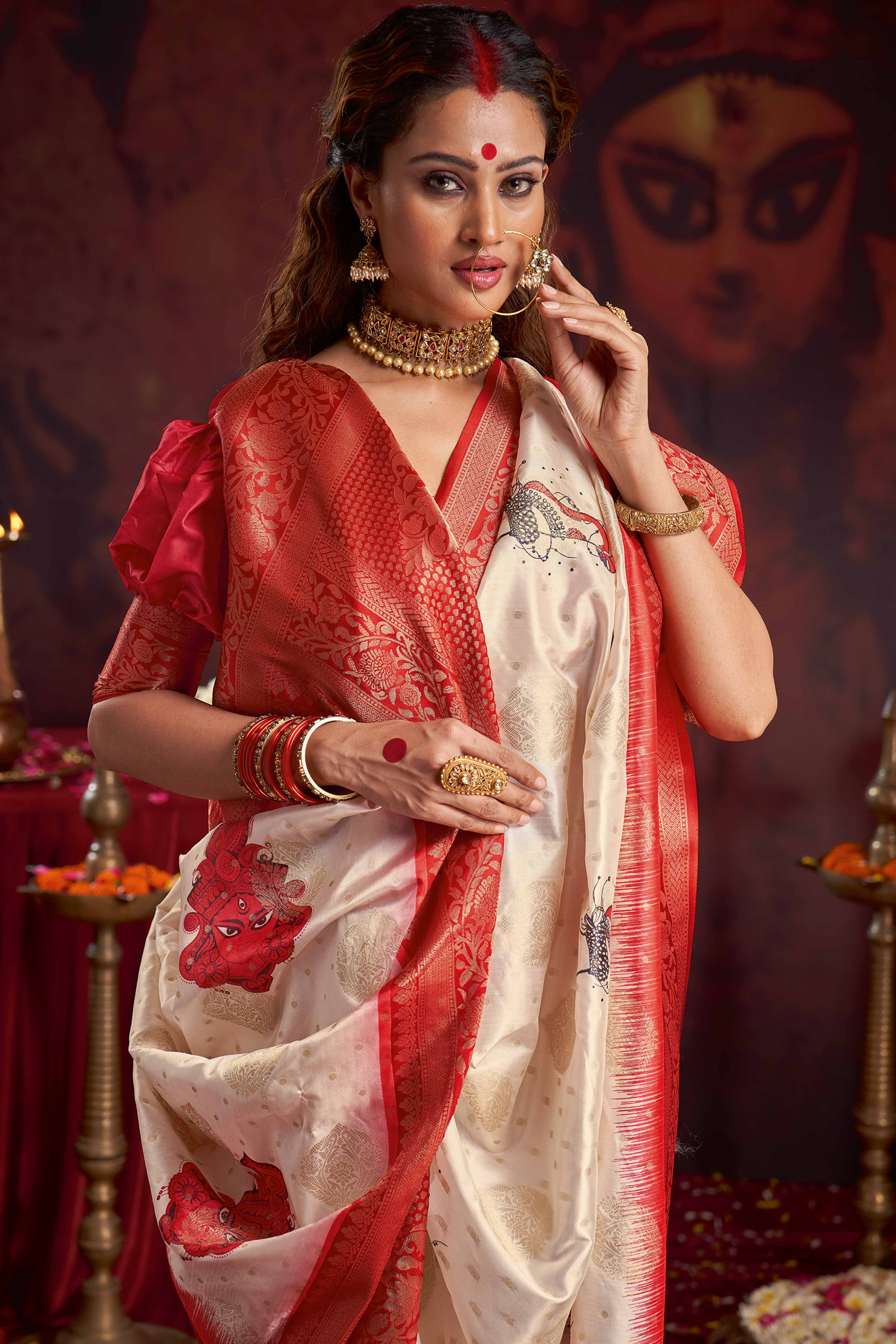 Durga Puja Special Off White and Red Woven Satin Saree