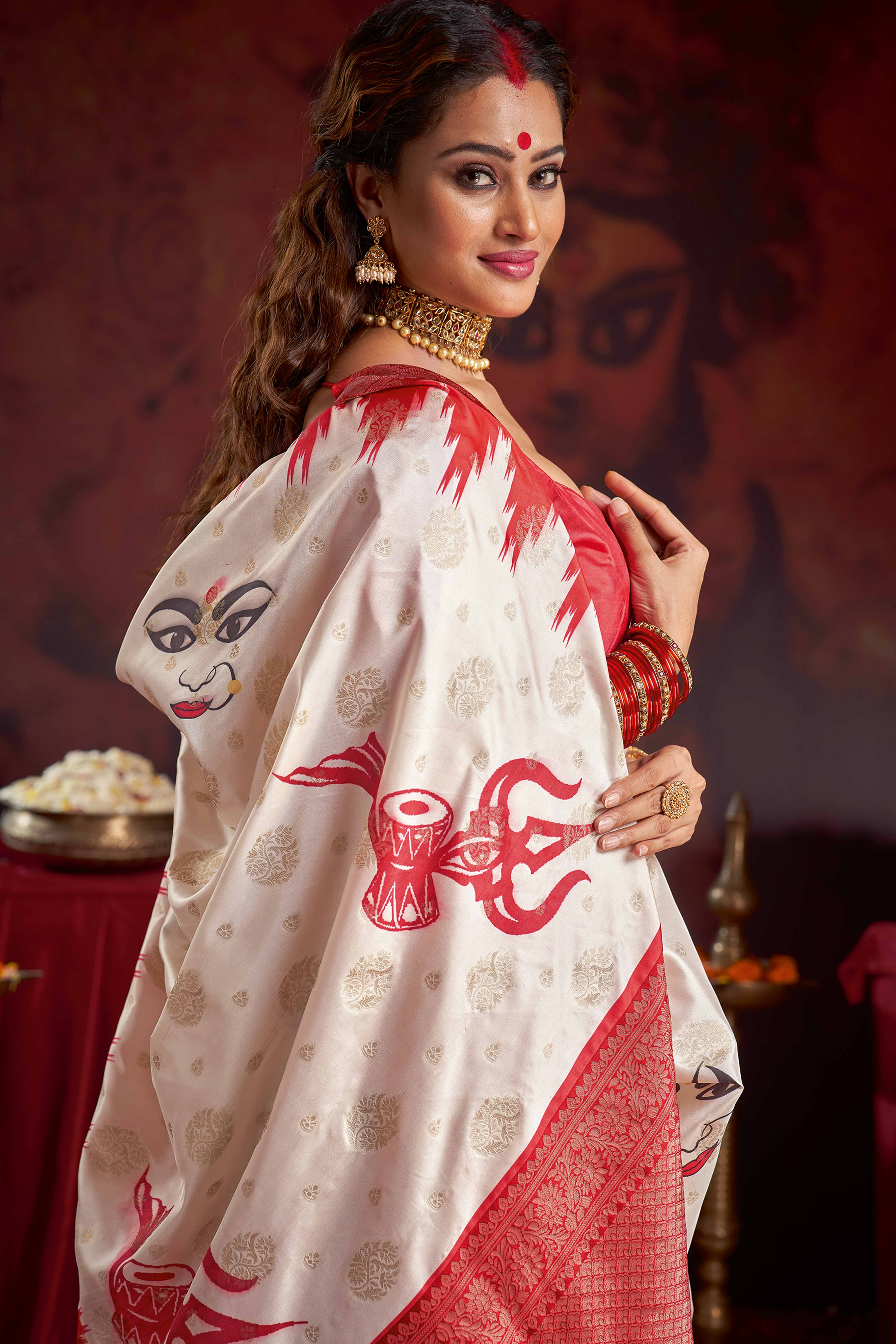 Classic Off White and Red Satin Saree Durga Festival Edition