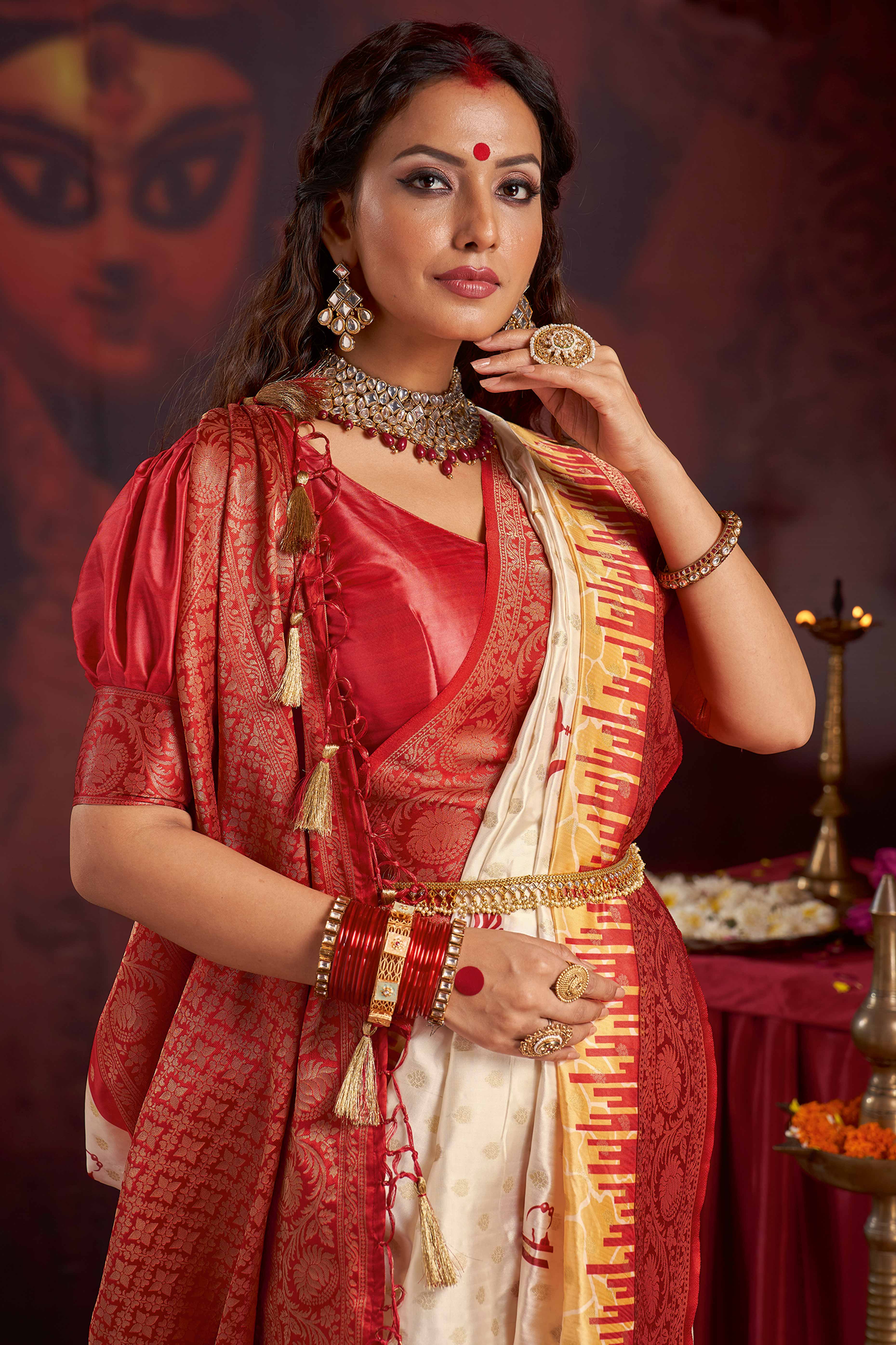 Ethnic Woven Off White & Red Satin Saree for Durga Festivals