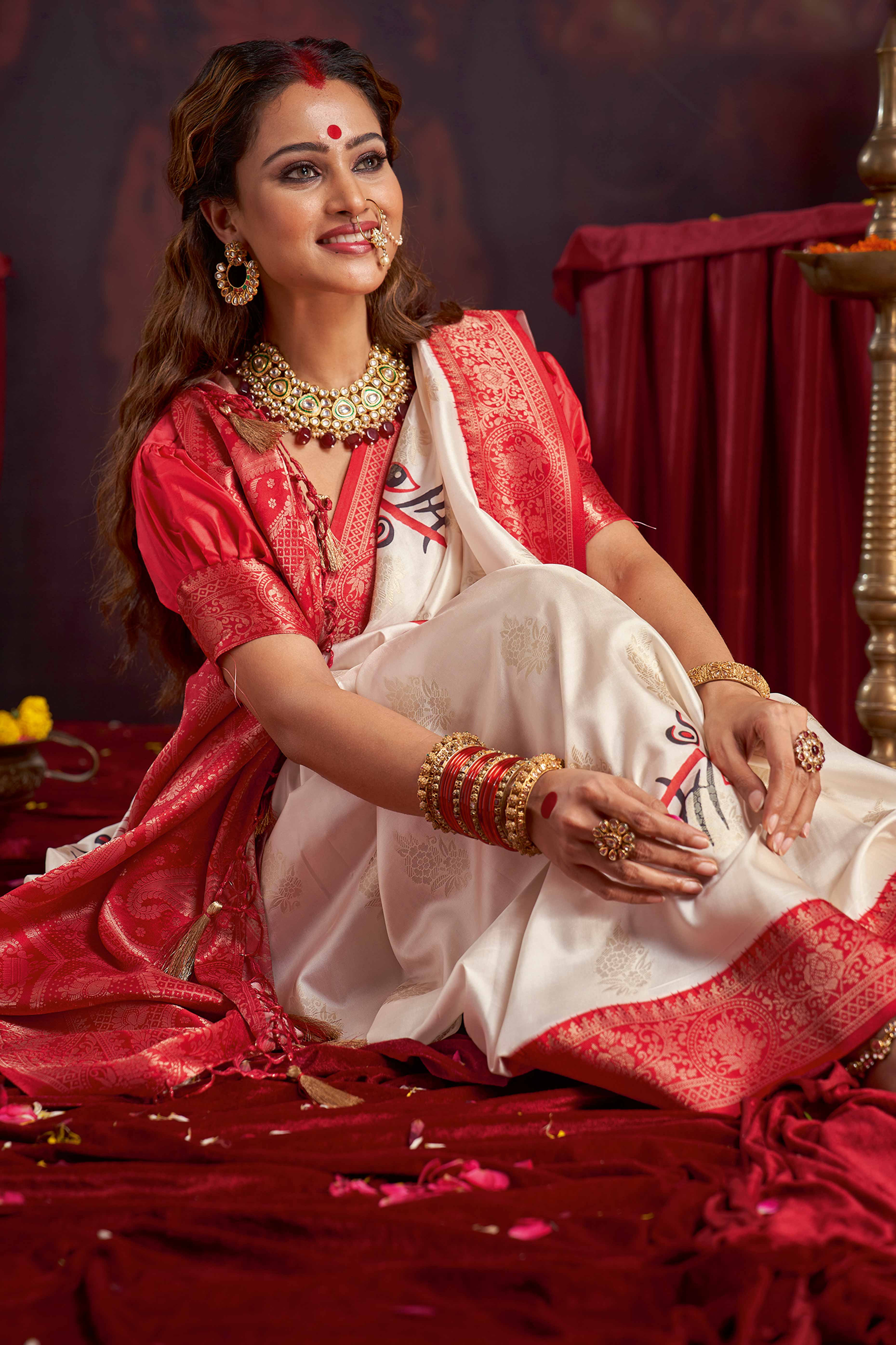 Off White & Red Woven Satin Saree for Puja Occasions