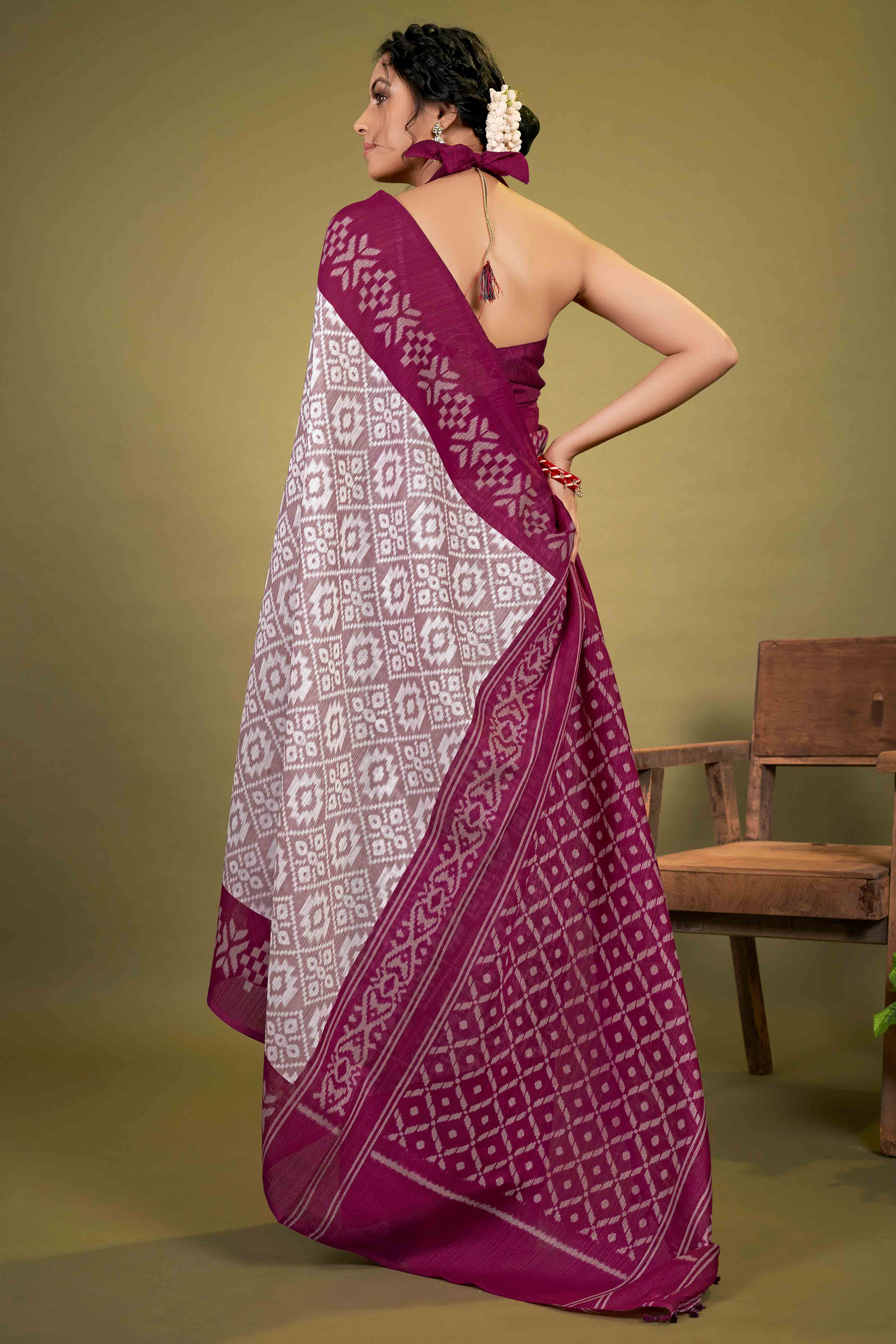 Wine Ikkat Printed Cotton Slub Saree
