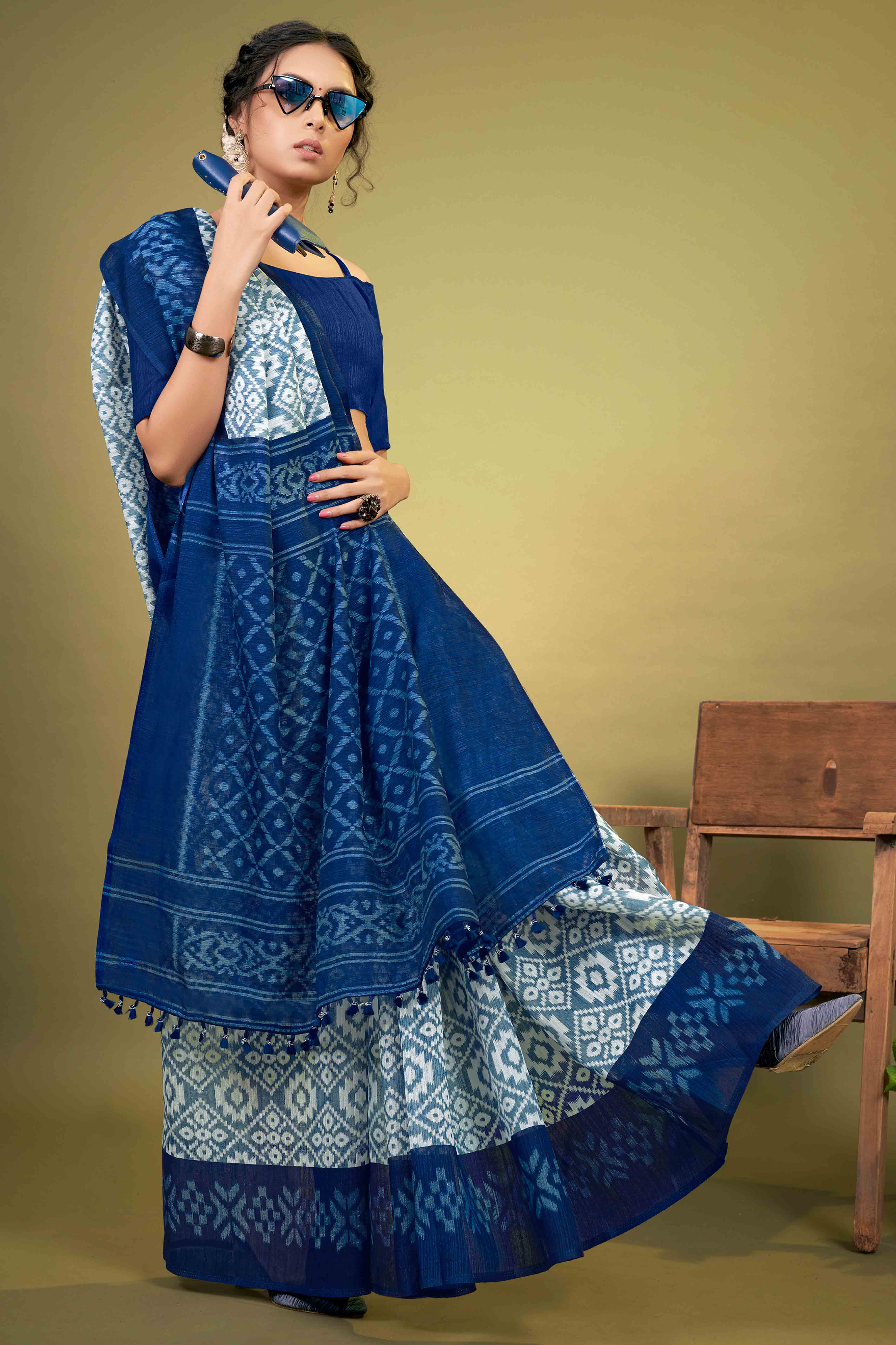 Blue Ikkat Printed Cotton Slub Saree