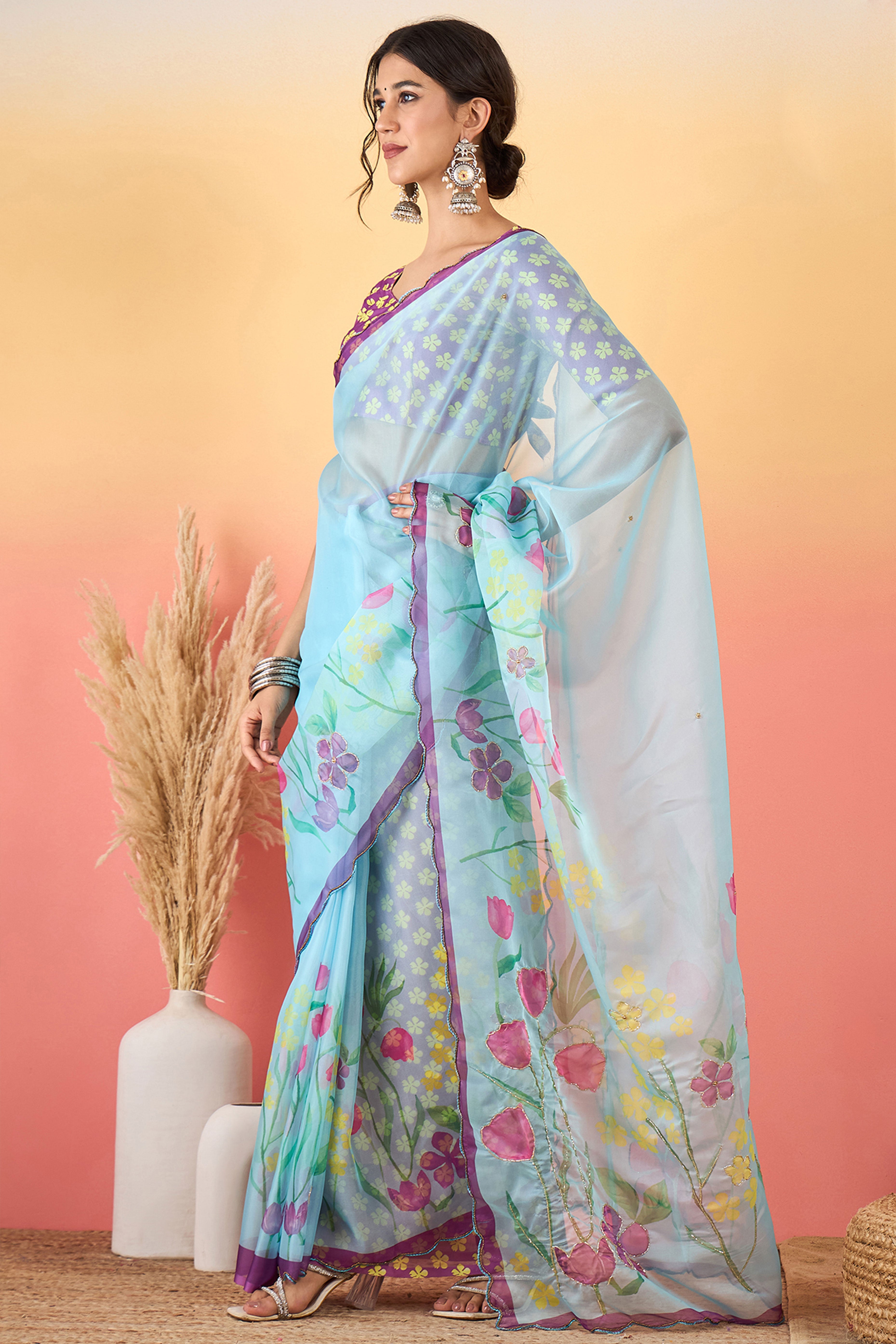 Gorgeous Sky Blue Floral Printed Saree in Sheer Organza Blend Fabric with Handcrafted Beads Work
