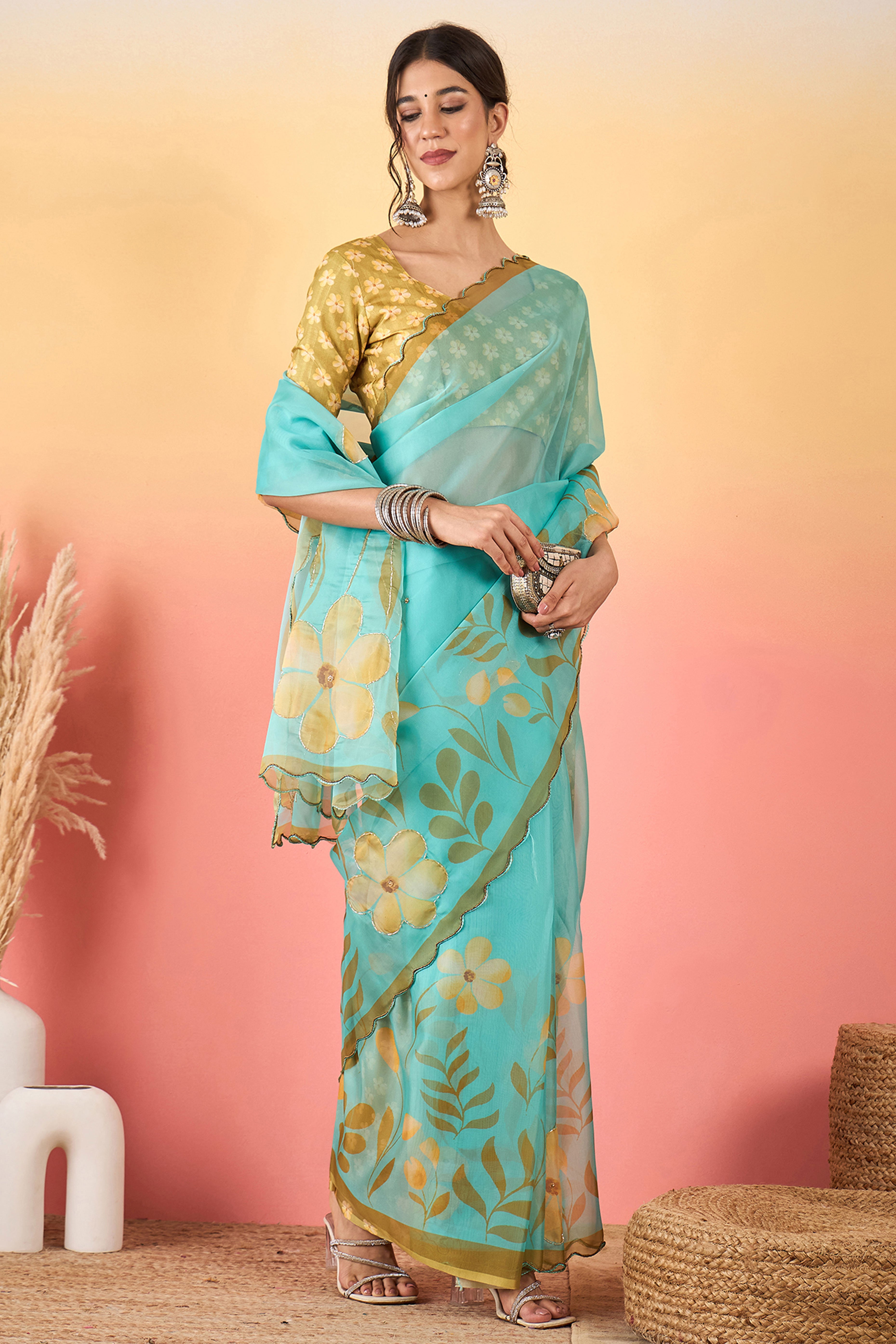 Gorgeous Turquoise Floral Printed Saree in Sheer Organza Blend Fabric with Handcrafted Beads Work