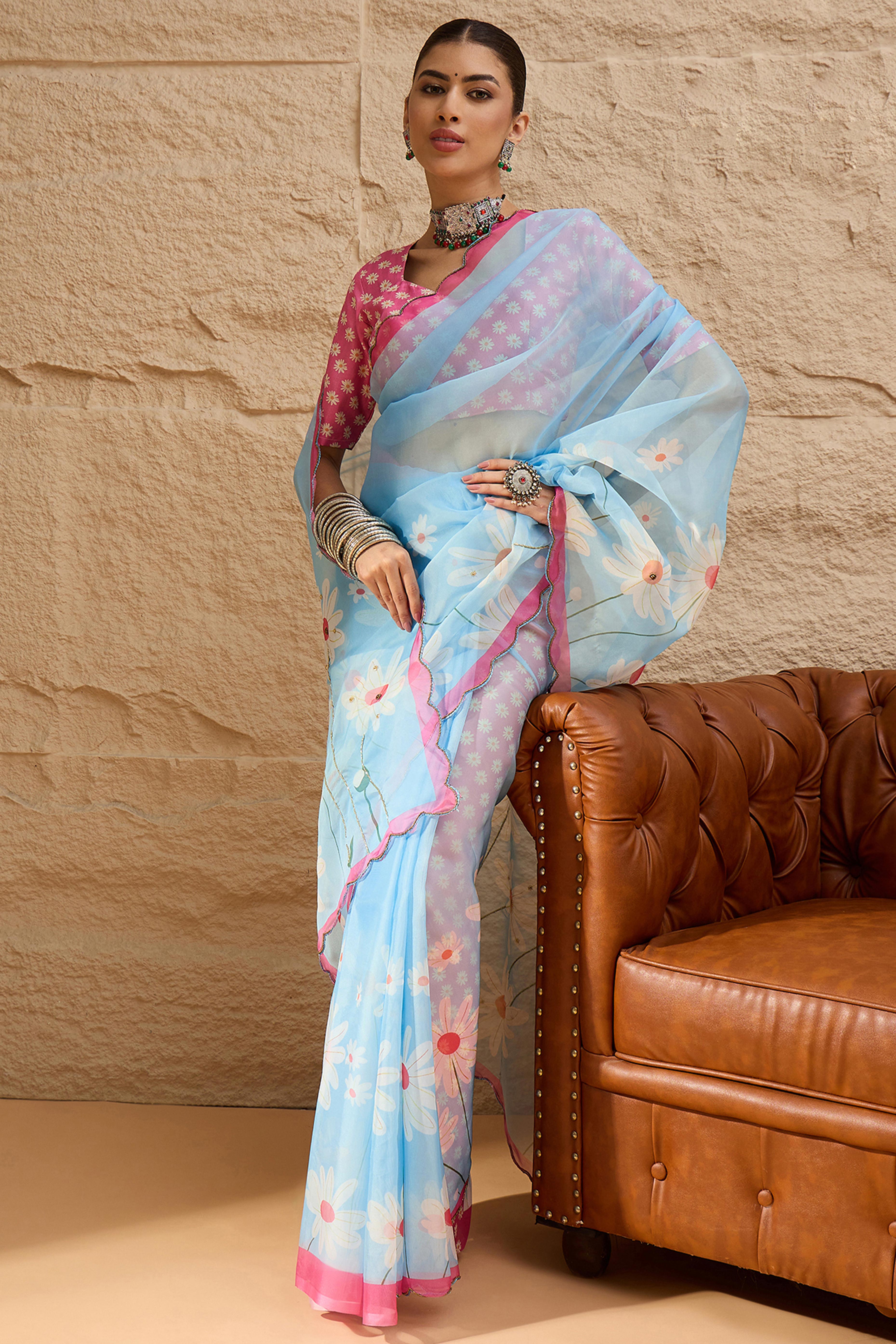 Sky Blue Floral Printed Saree in Sheer Organza Blend Fabric with Handcrafted Beads Work