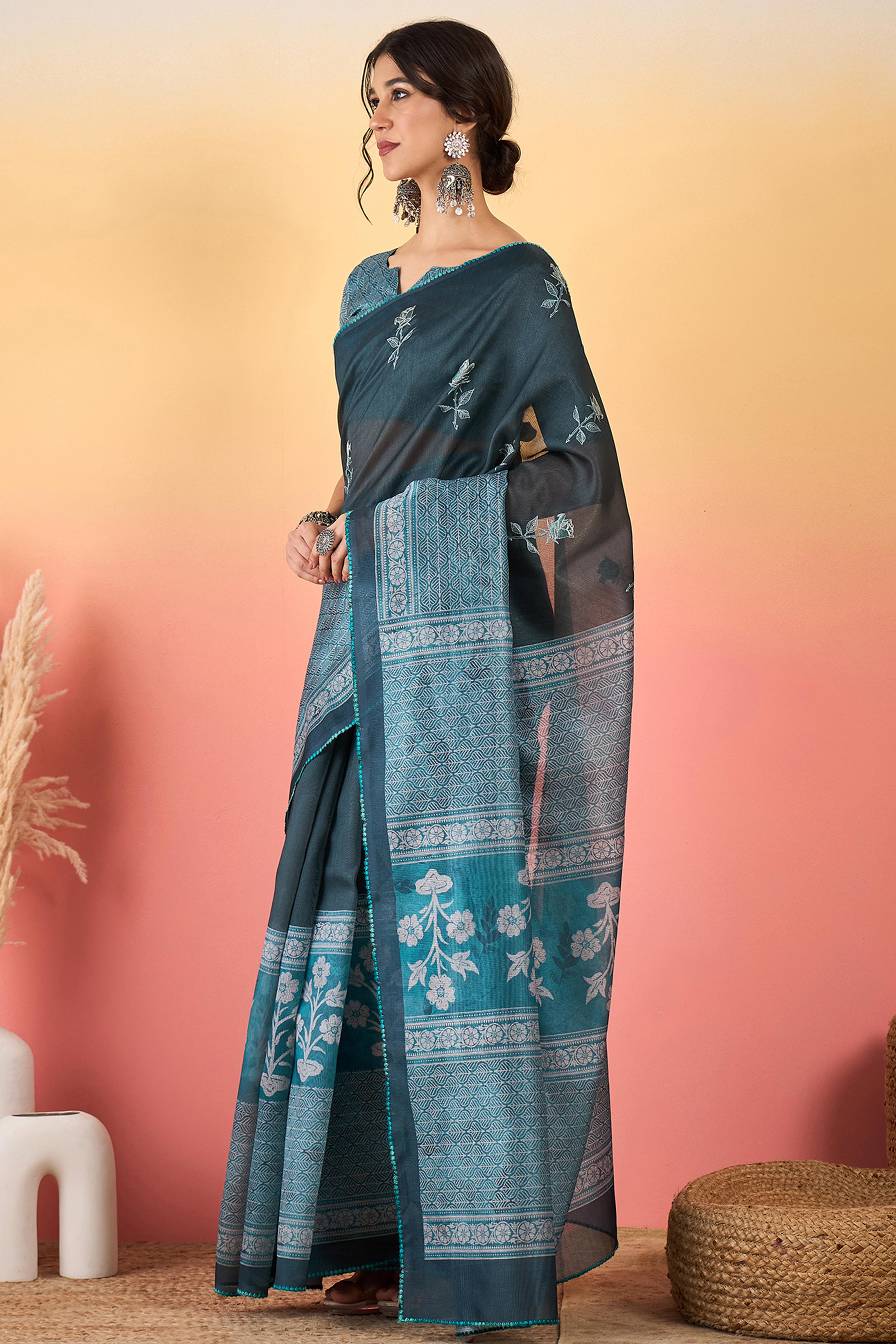Teal Floral Embroidered Saree Made from Premium Lightweight Silk Blend Material