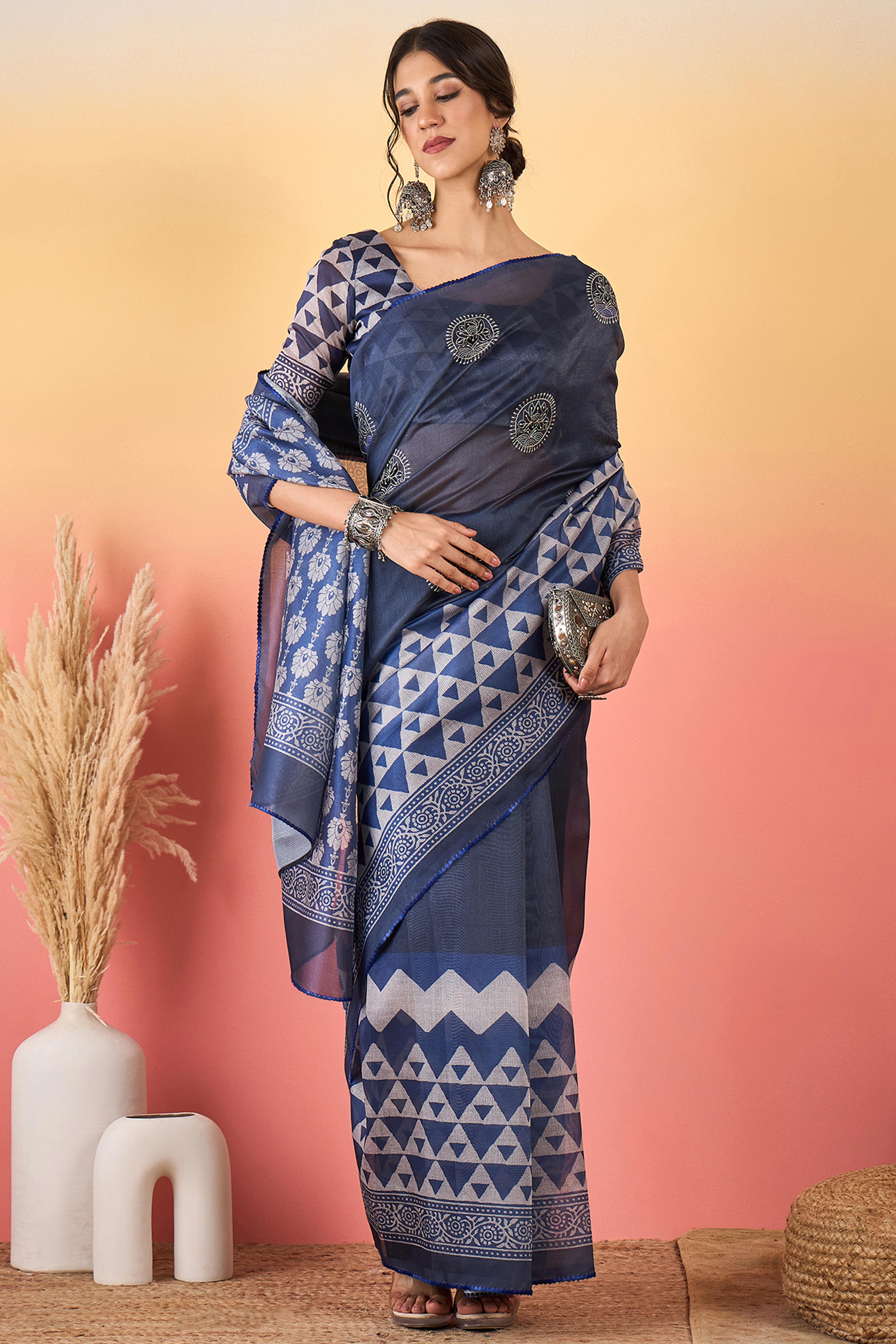 Navy Blue Floral Embroidered Saree Made from Premium Lightweight Silk Blend Material