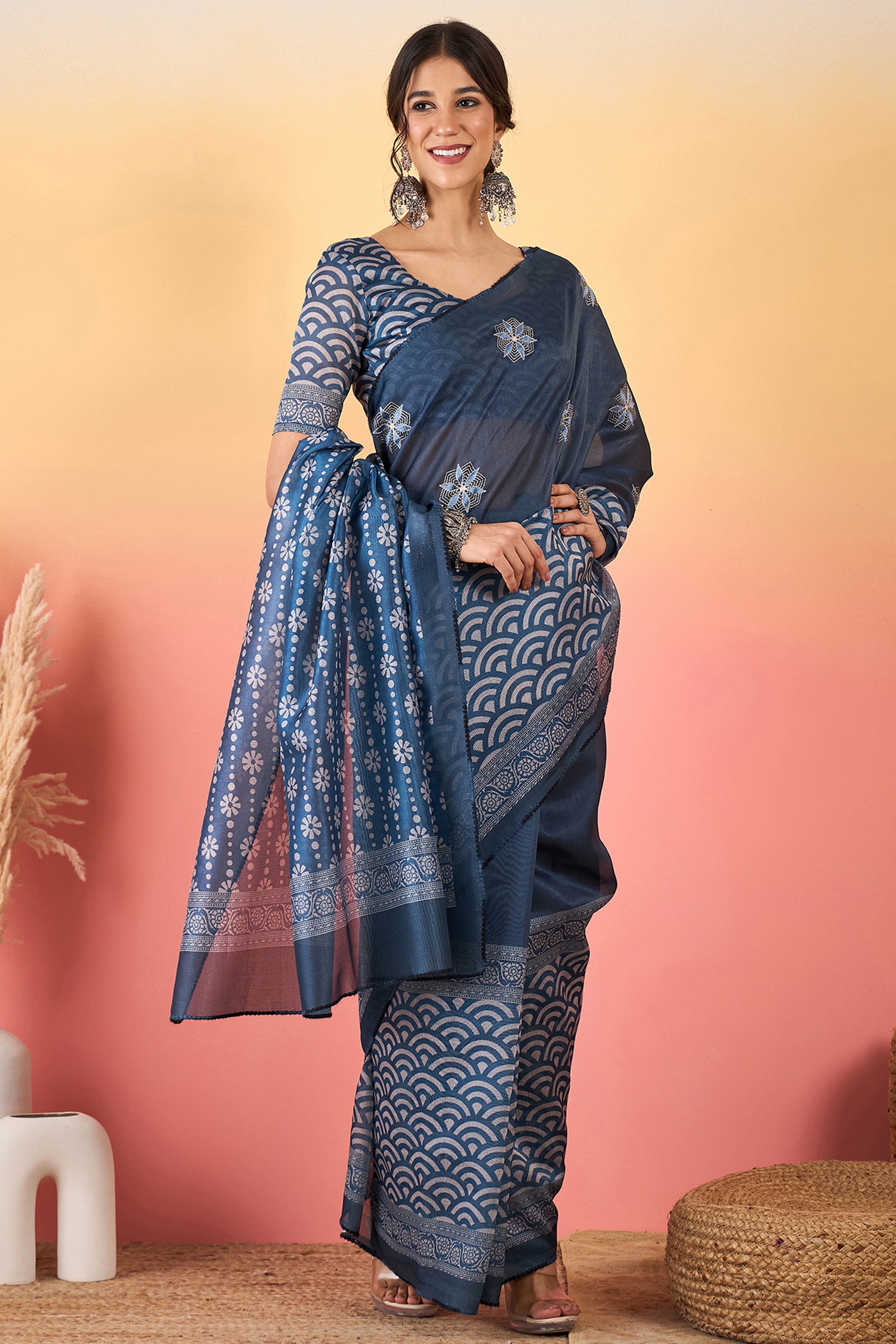 Navy Blue Floral Embroidered Saree Made from Lightweight Silk Blend Material