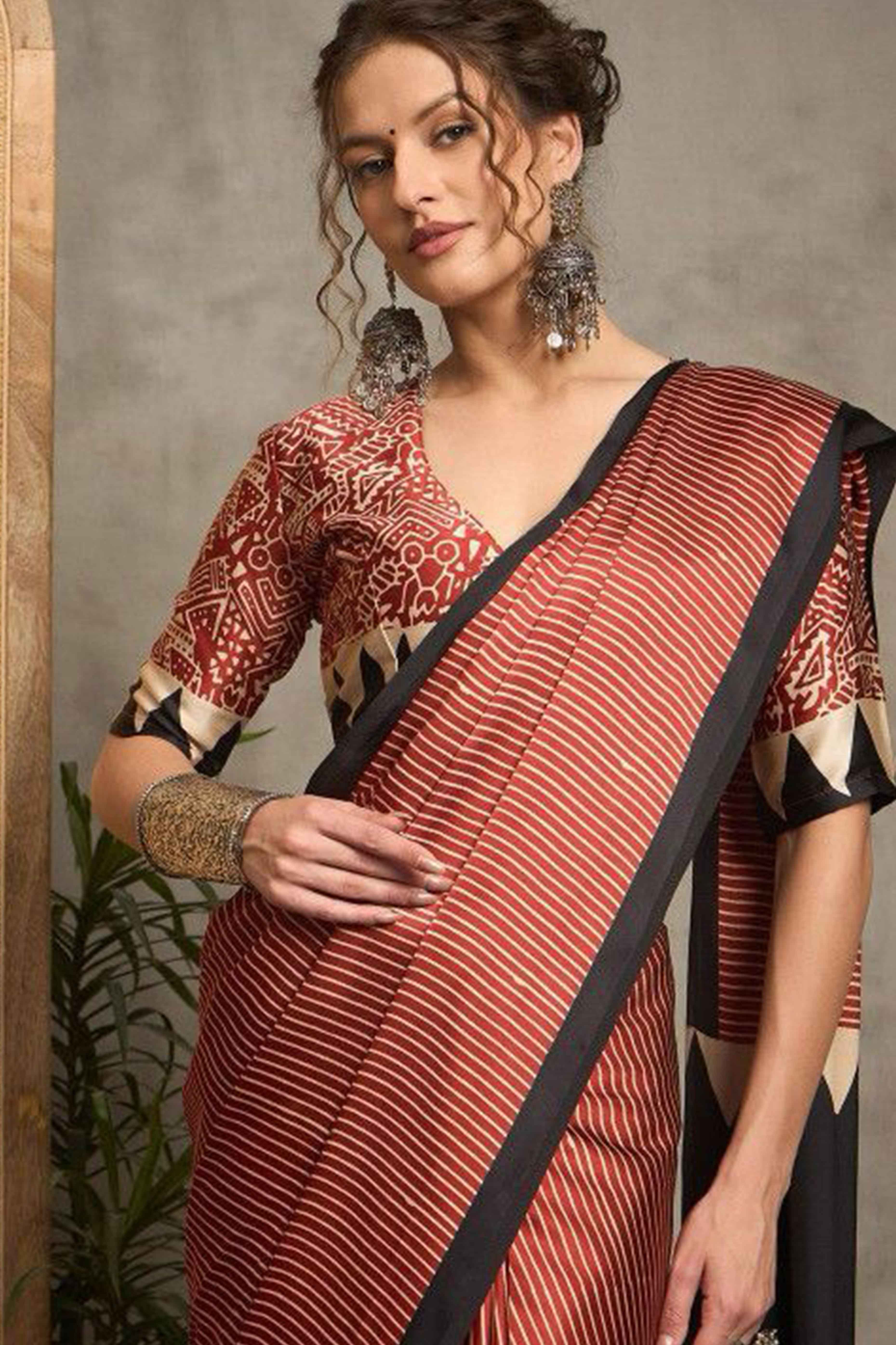 Maroon Ajrakh Print Satin Saree with Traditional Charm