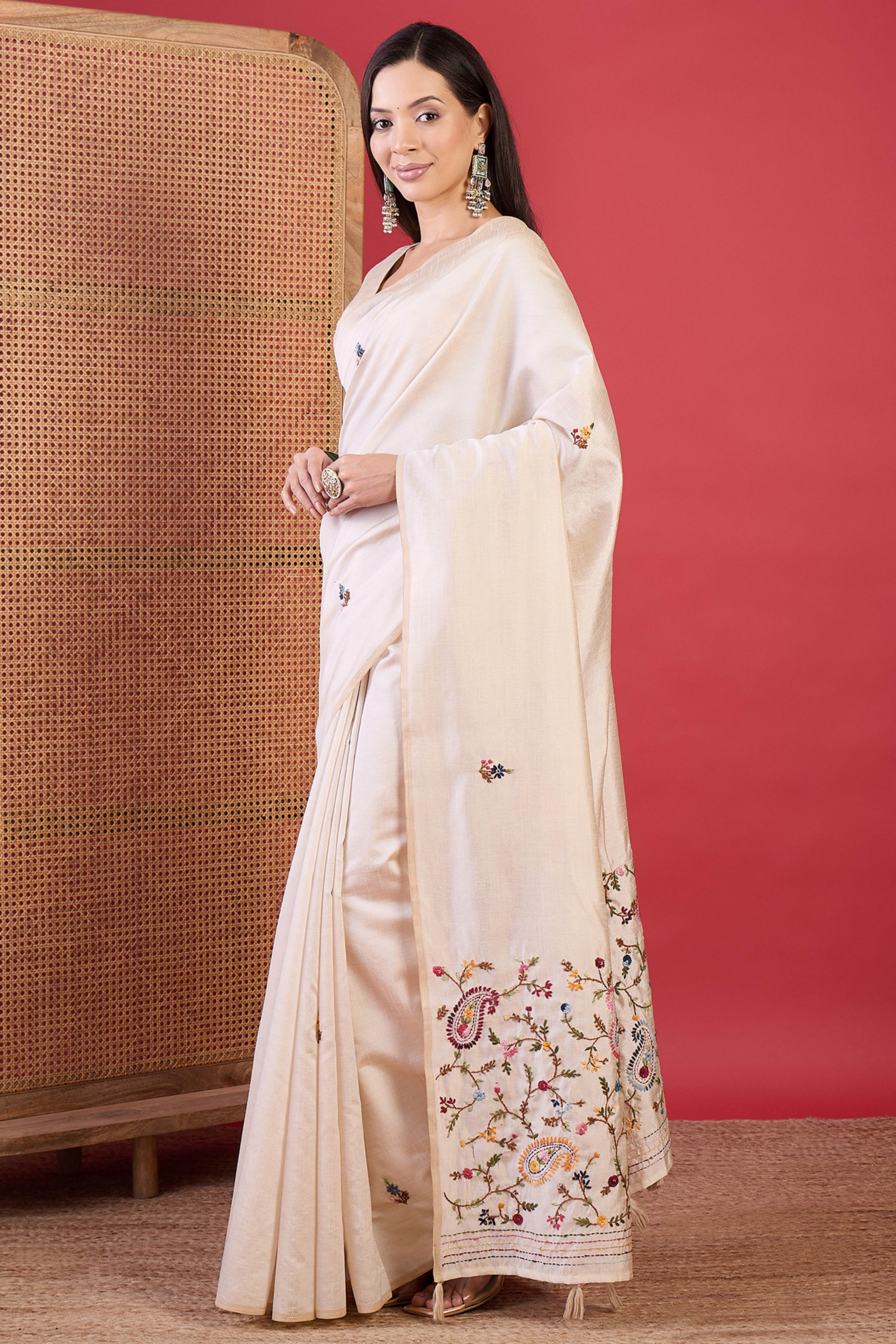Cream Tussar Silk Festive Saree Featuring Thread Work