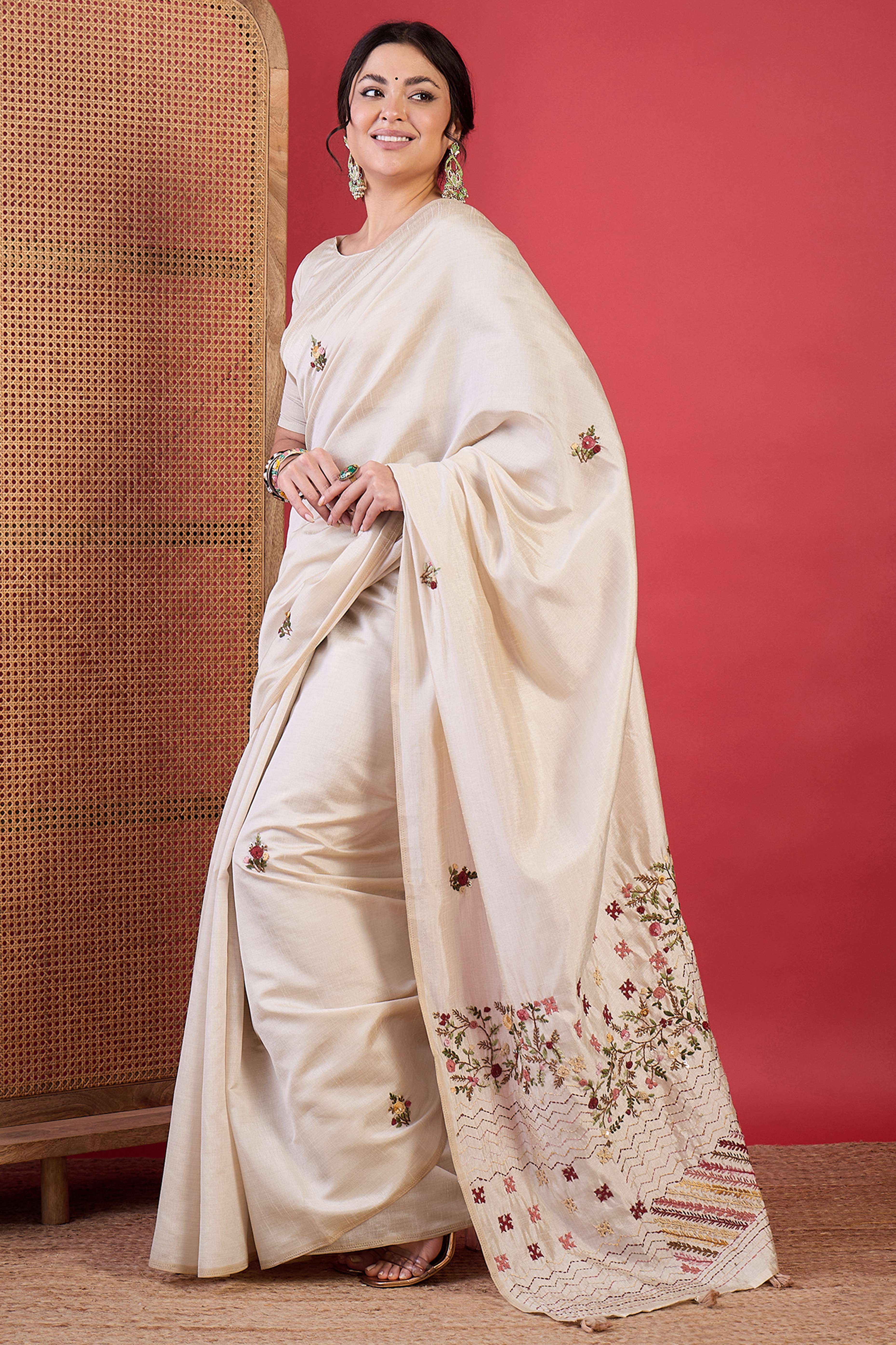 Cream Tussar Silk Saree Highlighted with Fine Thread Embroidery