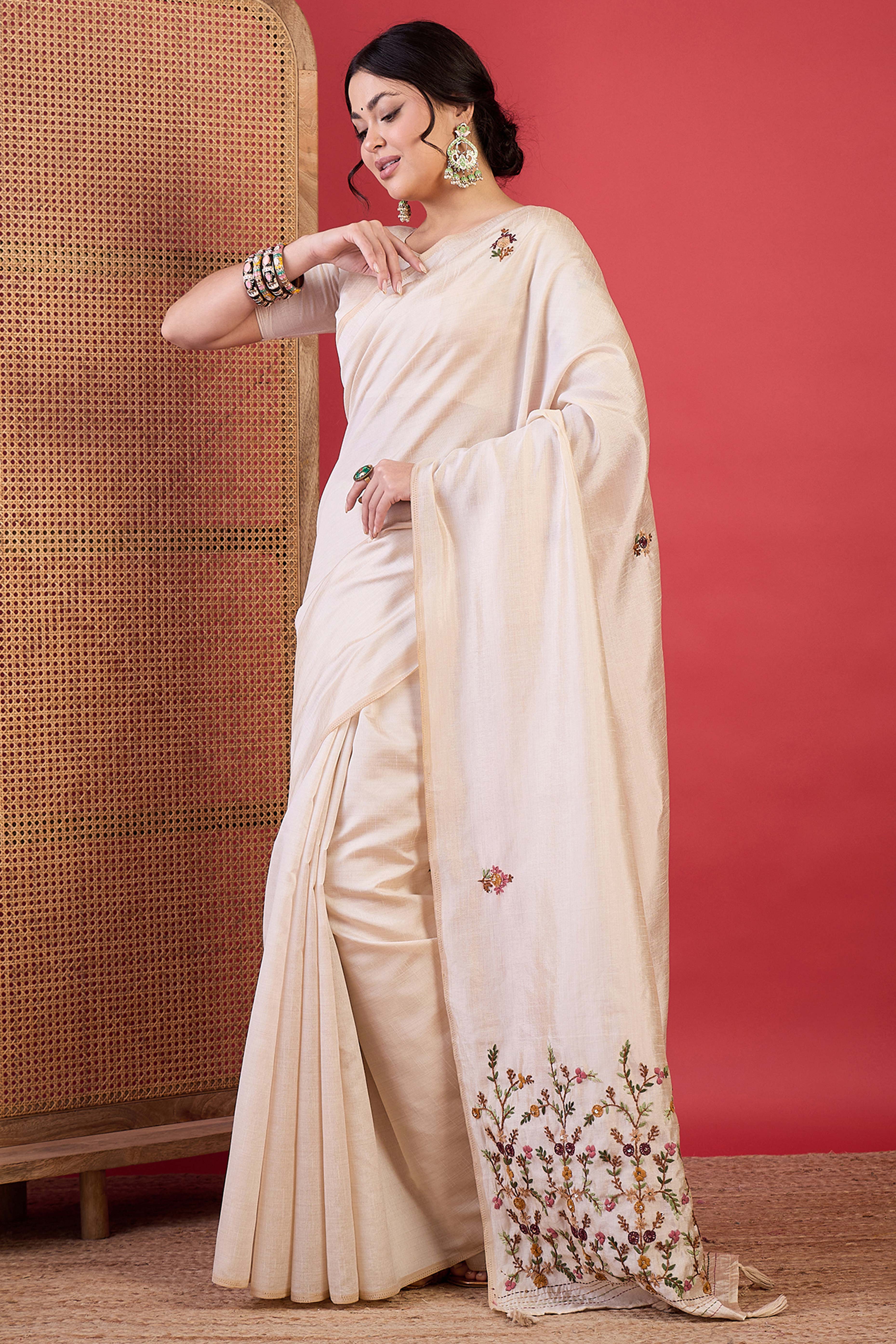 Cream Premium Festive Wear Tussar Silk Saree with Elegant Thread Work