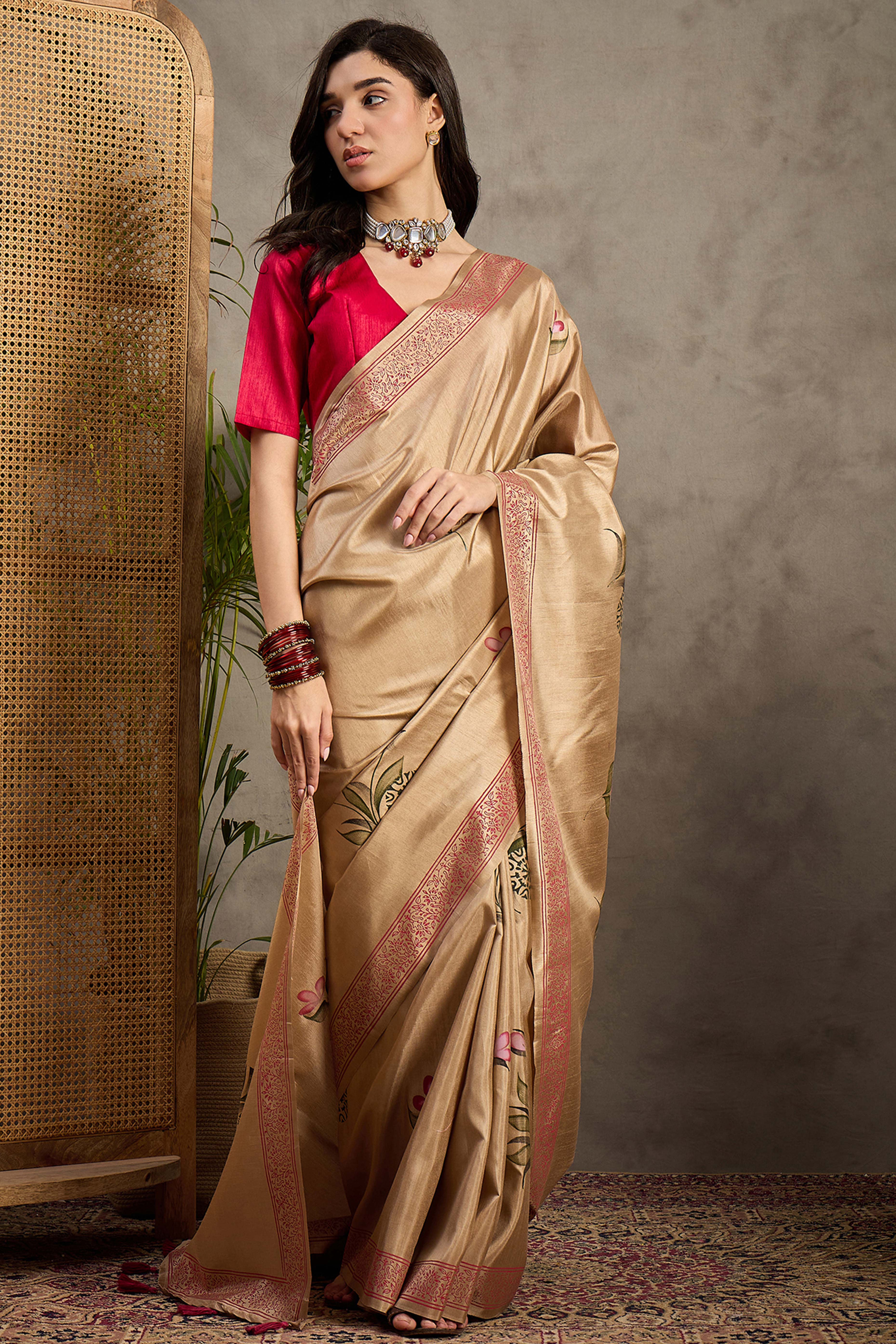Beige Botanical Print Kozi Cotton Silk Saree Embellished With Elegant Tassel Edges