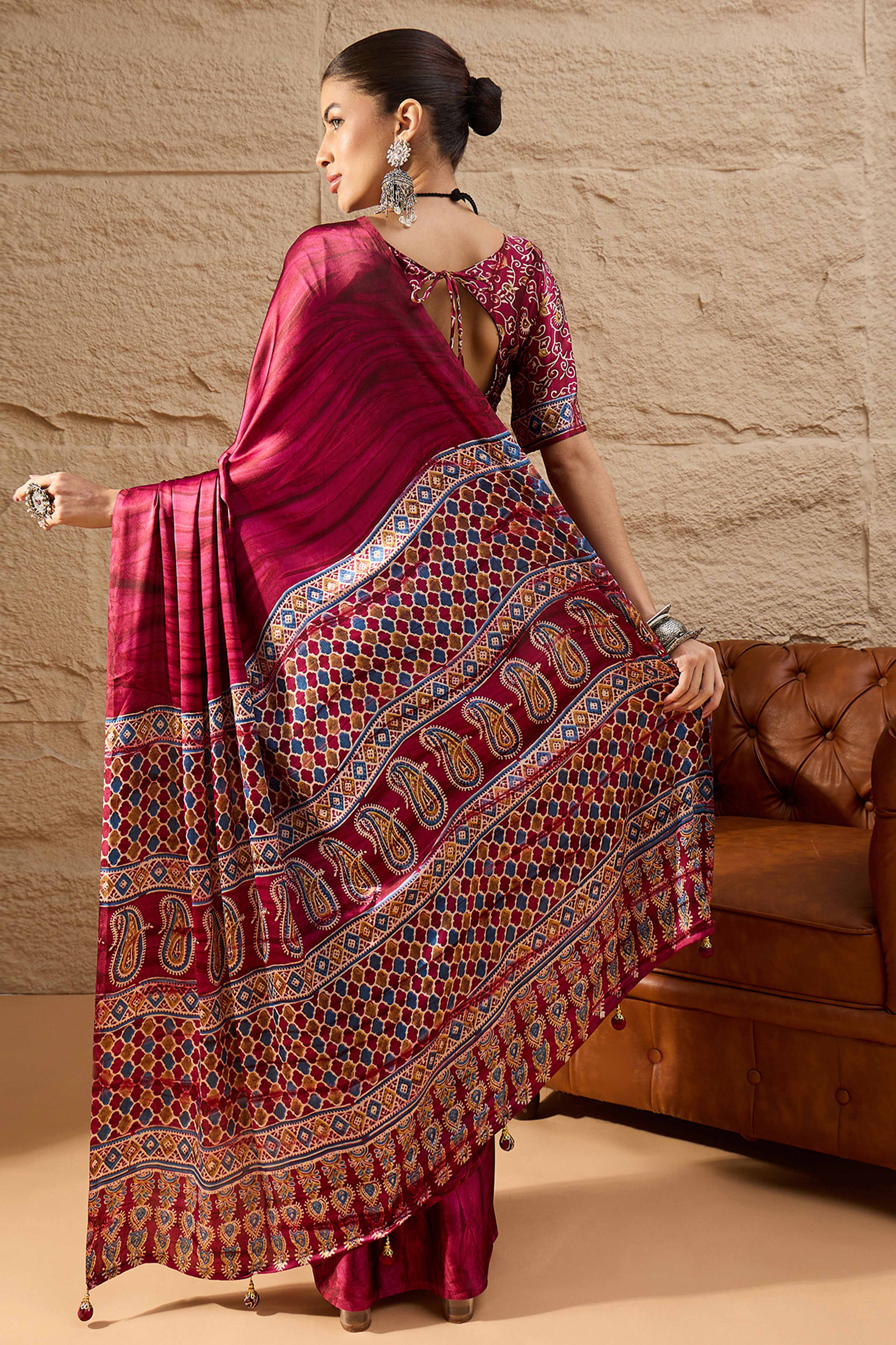 Ajrakh Print Pink Satin Saree with Ethnic Appeal