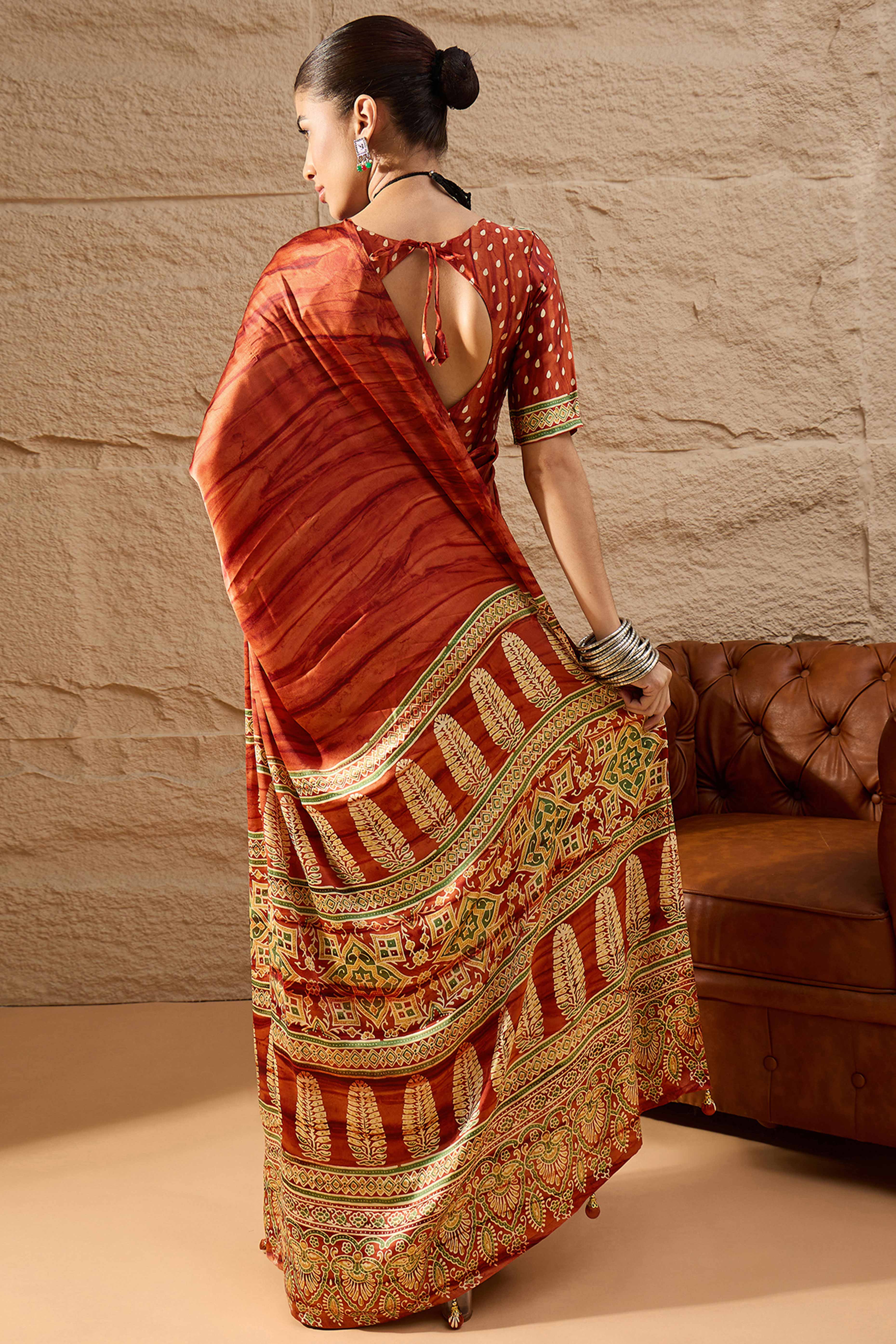 Ajrakh Print Rust Satin Saree with Ethnic Appeal