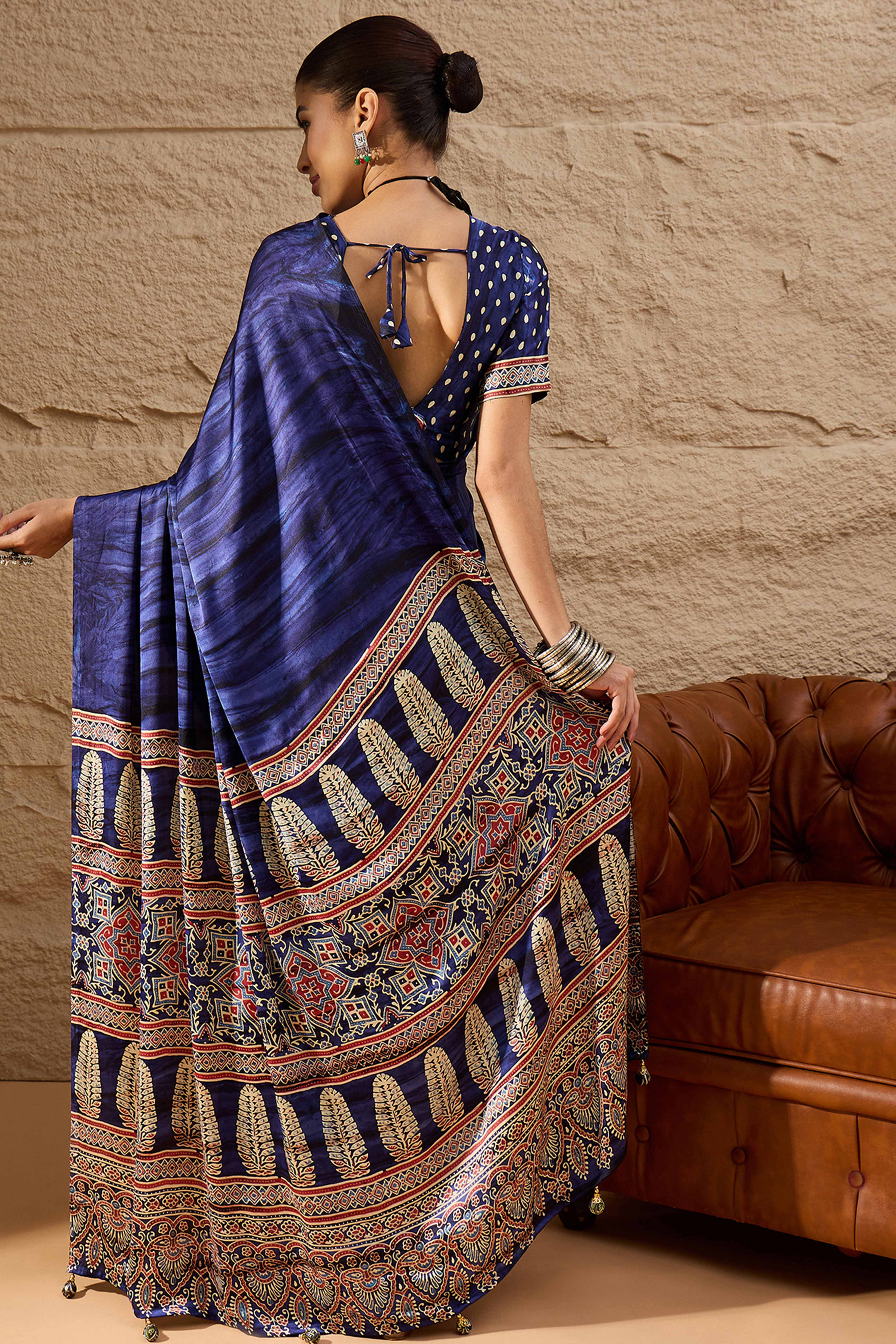 Ajrakh Print Violet Satin Saree with Ethnic Appeal