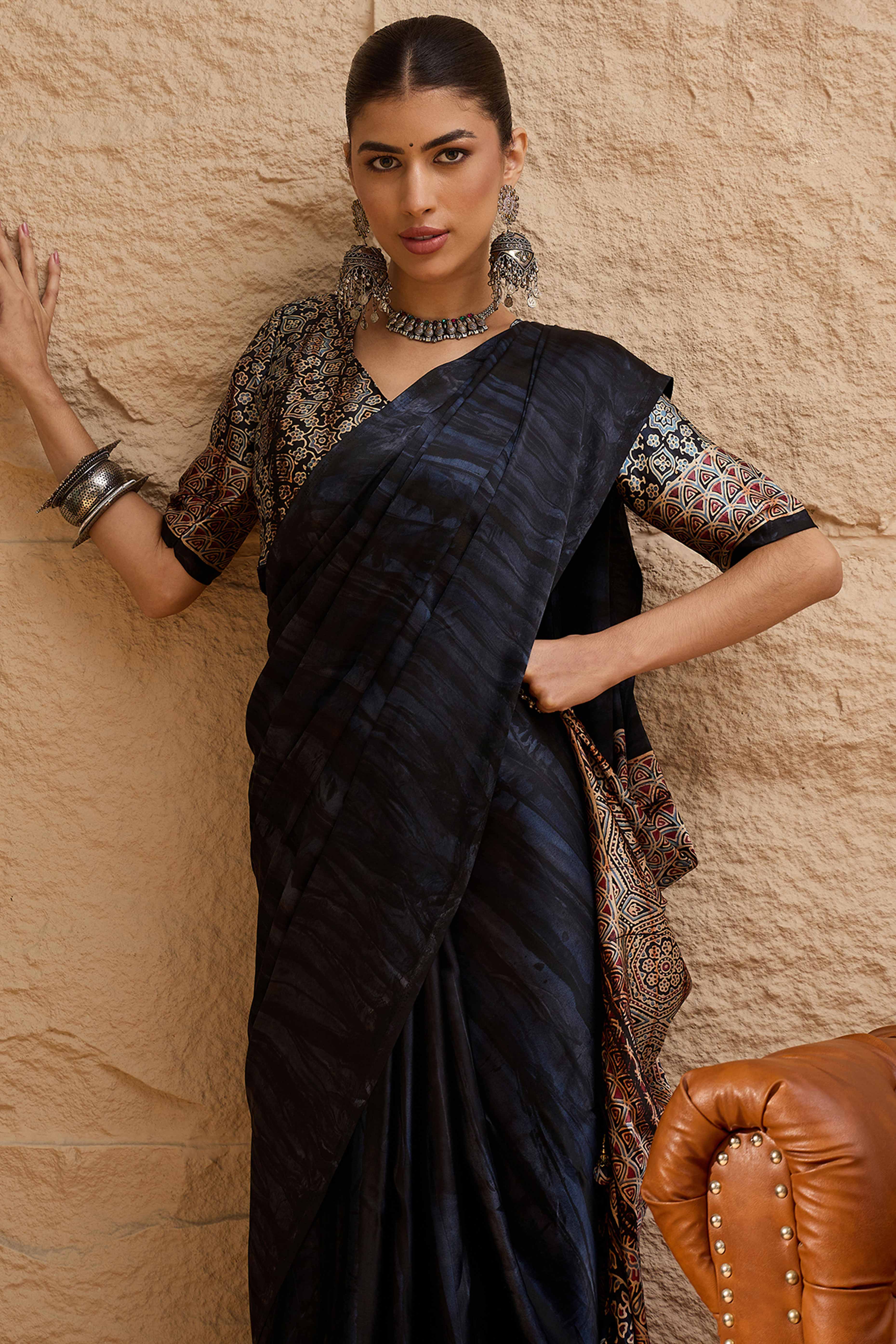 Ajrakh Print Black Satin Saree with Ethnic Appeal