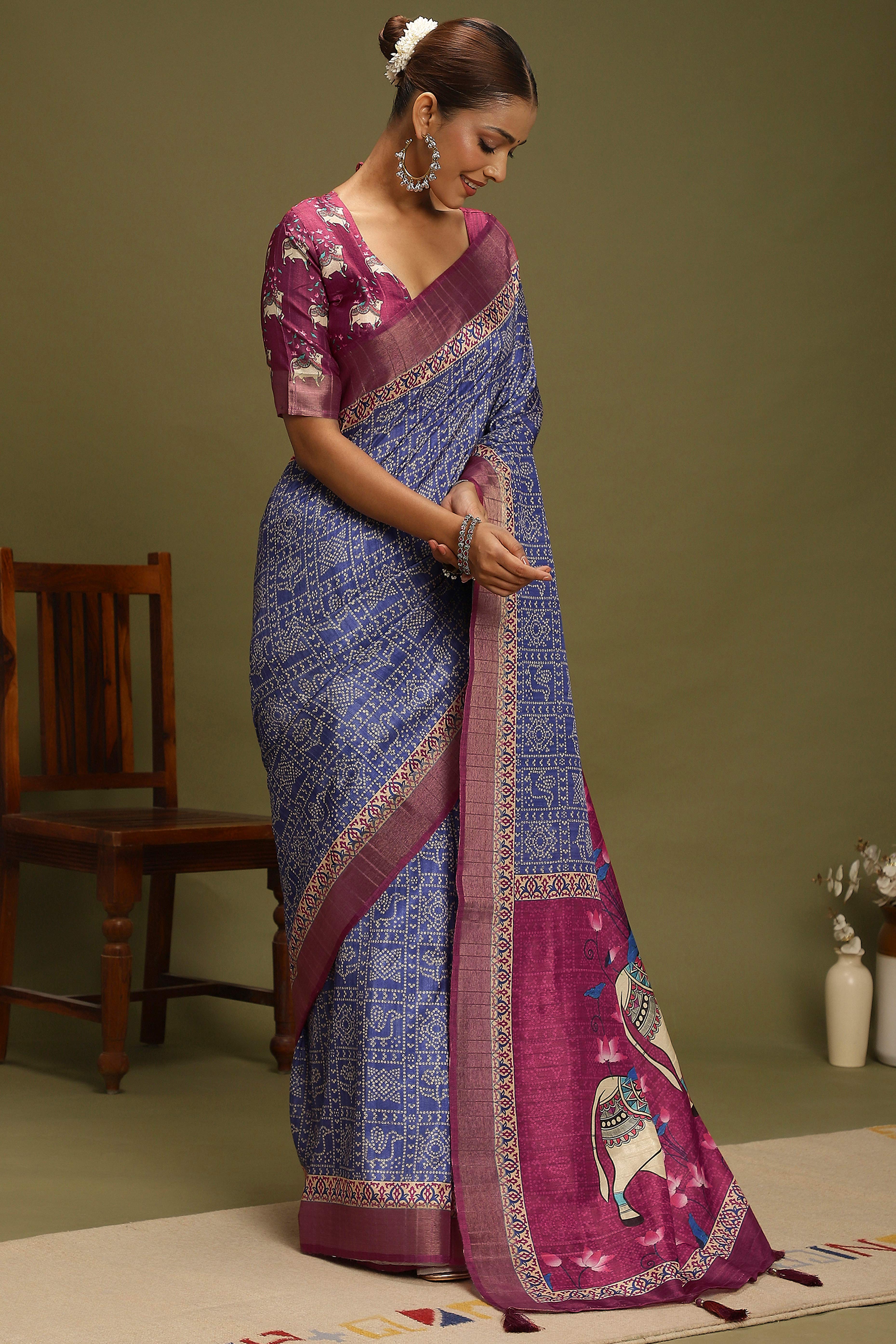 Blue Silk Blend Saree Decorated with Vibrant Bandhani Prints and Festive Detailing