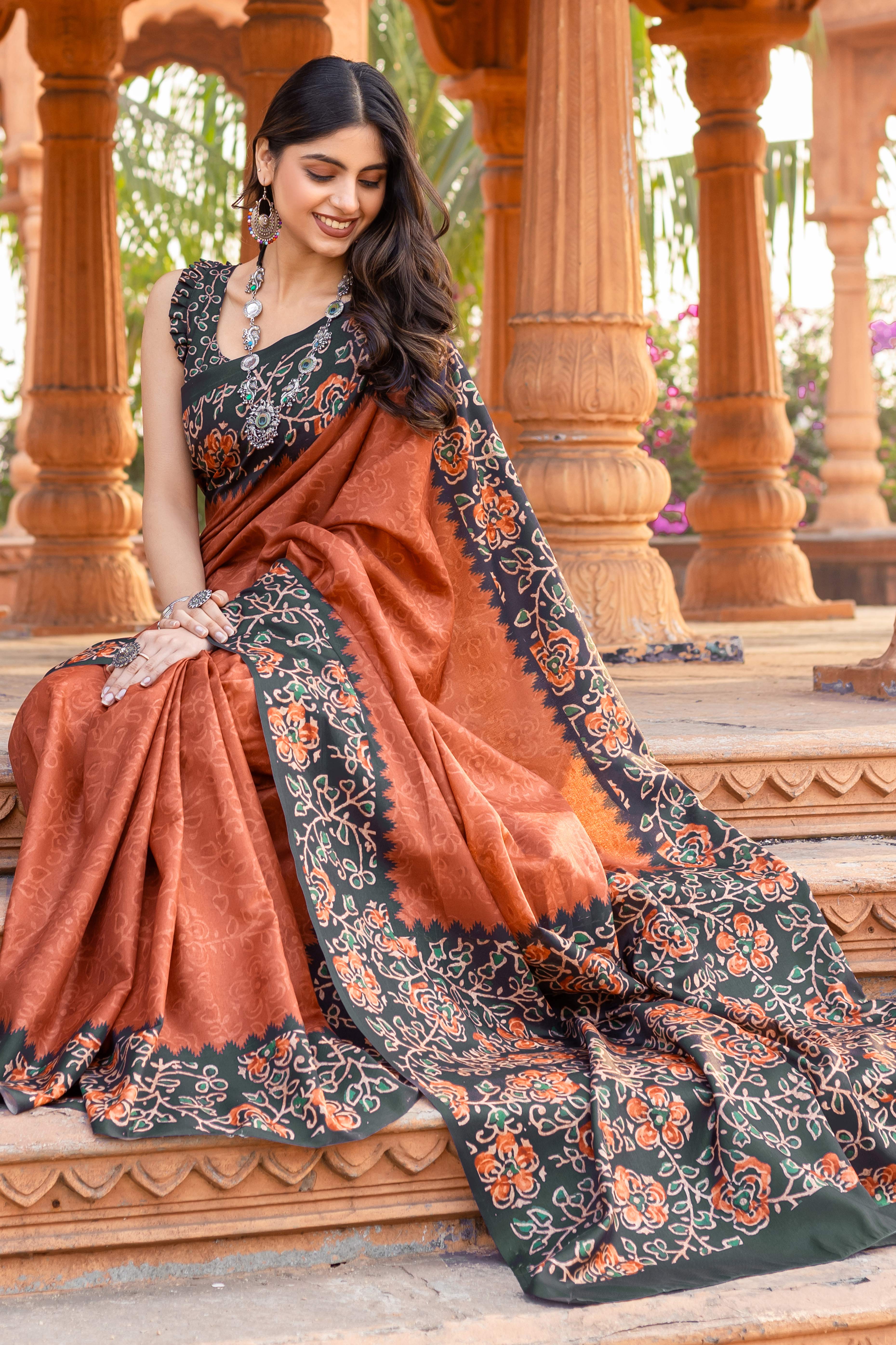 Graceful Rust Floral Printed Manipuri Cotton Silk Saree Showcasing Timeless Elegance