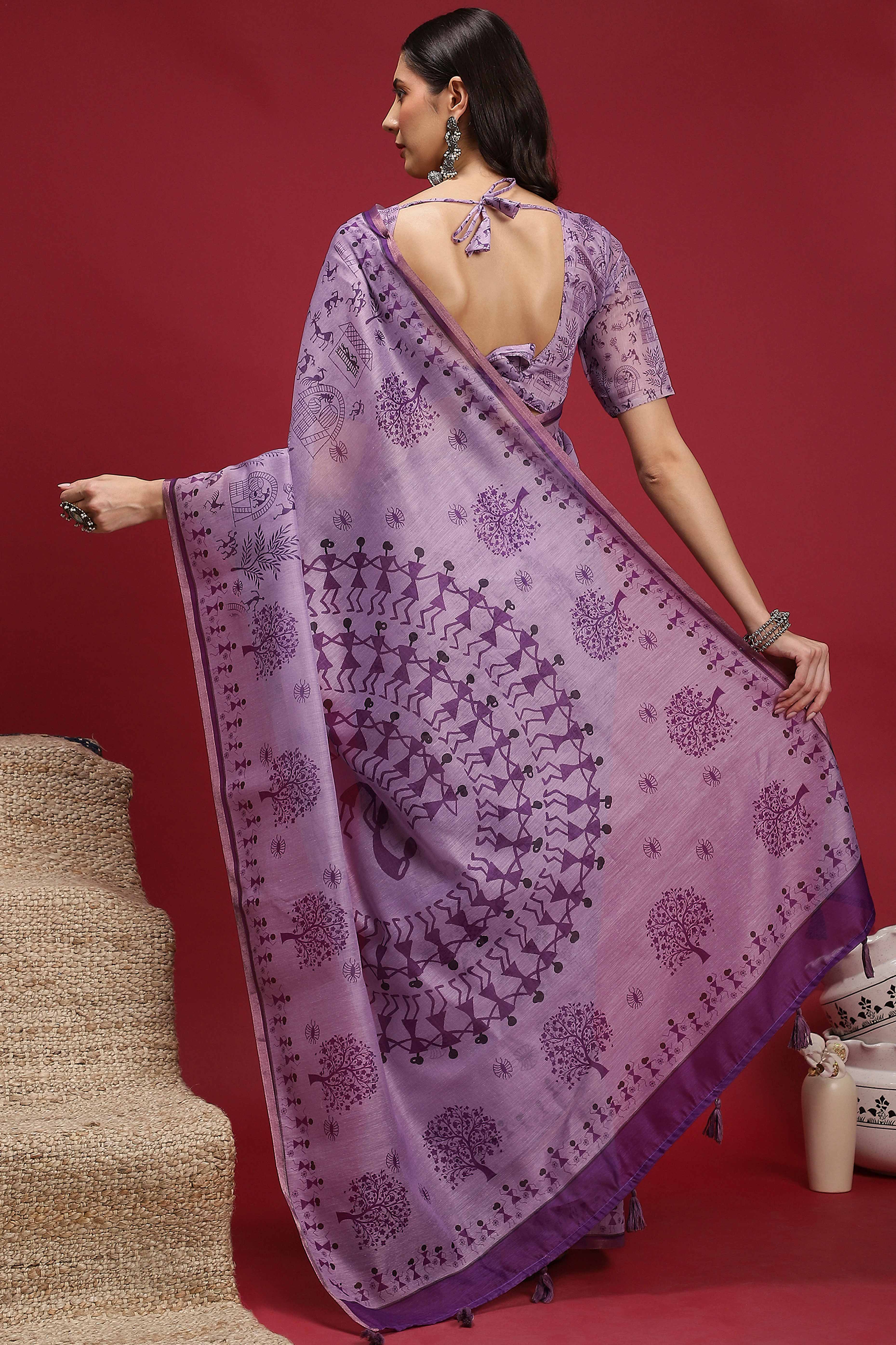 Lavender Linen Cotton Saree Featuring Traditional Warli Prints & Tassel Pallu