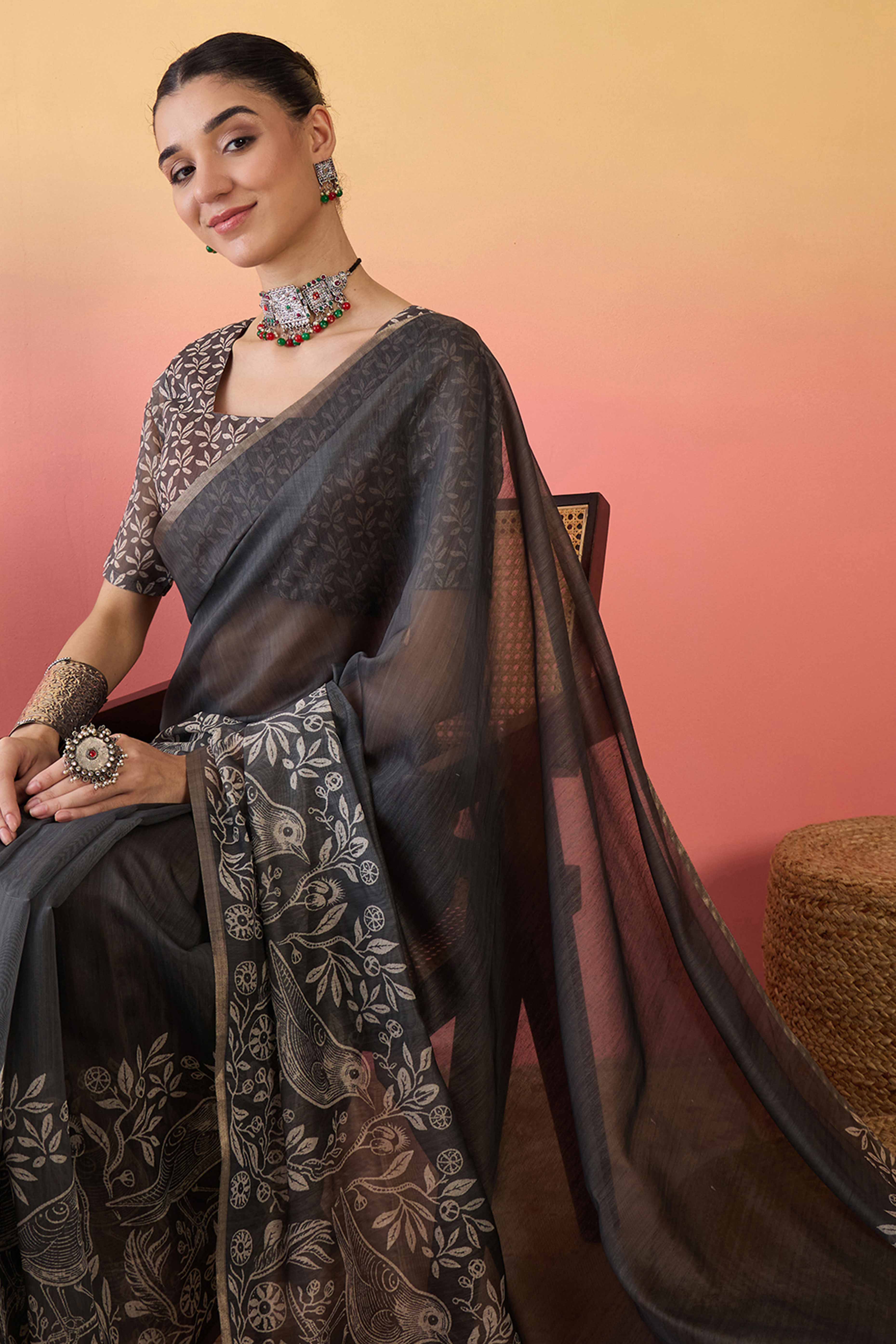 Dark Grey Linen Cotton Saree Featuring Elegant Floral & Bird Prints With Tassel Pallu