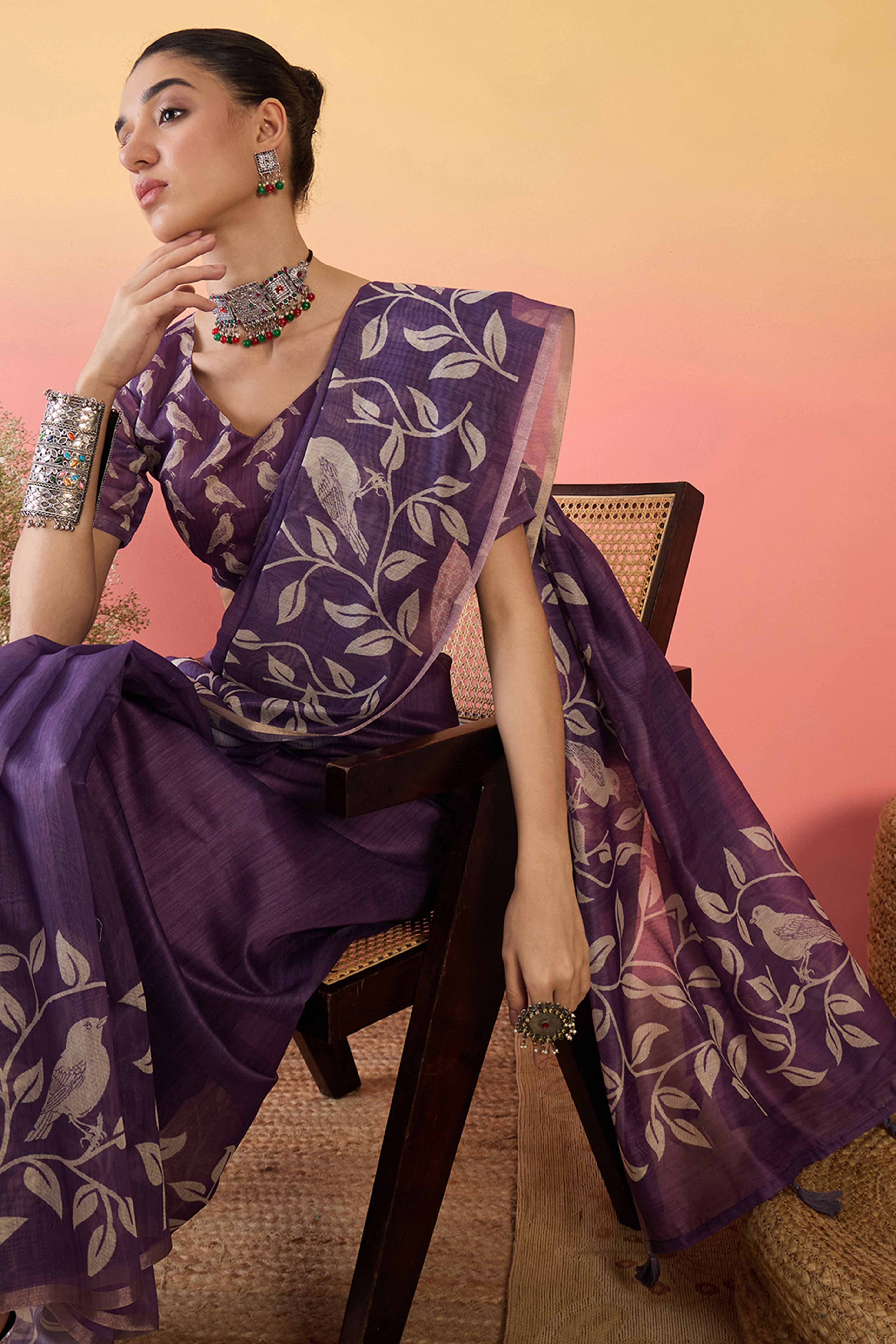 Purple Linen Cotton Saree Featuring Elegant Leaf & Bird Prints With Tassel Pallu
