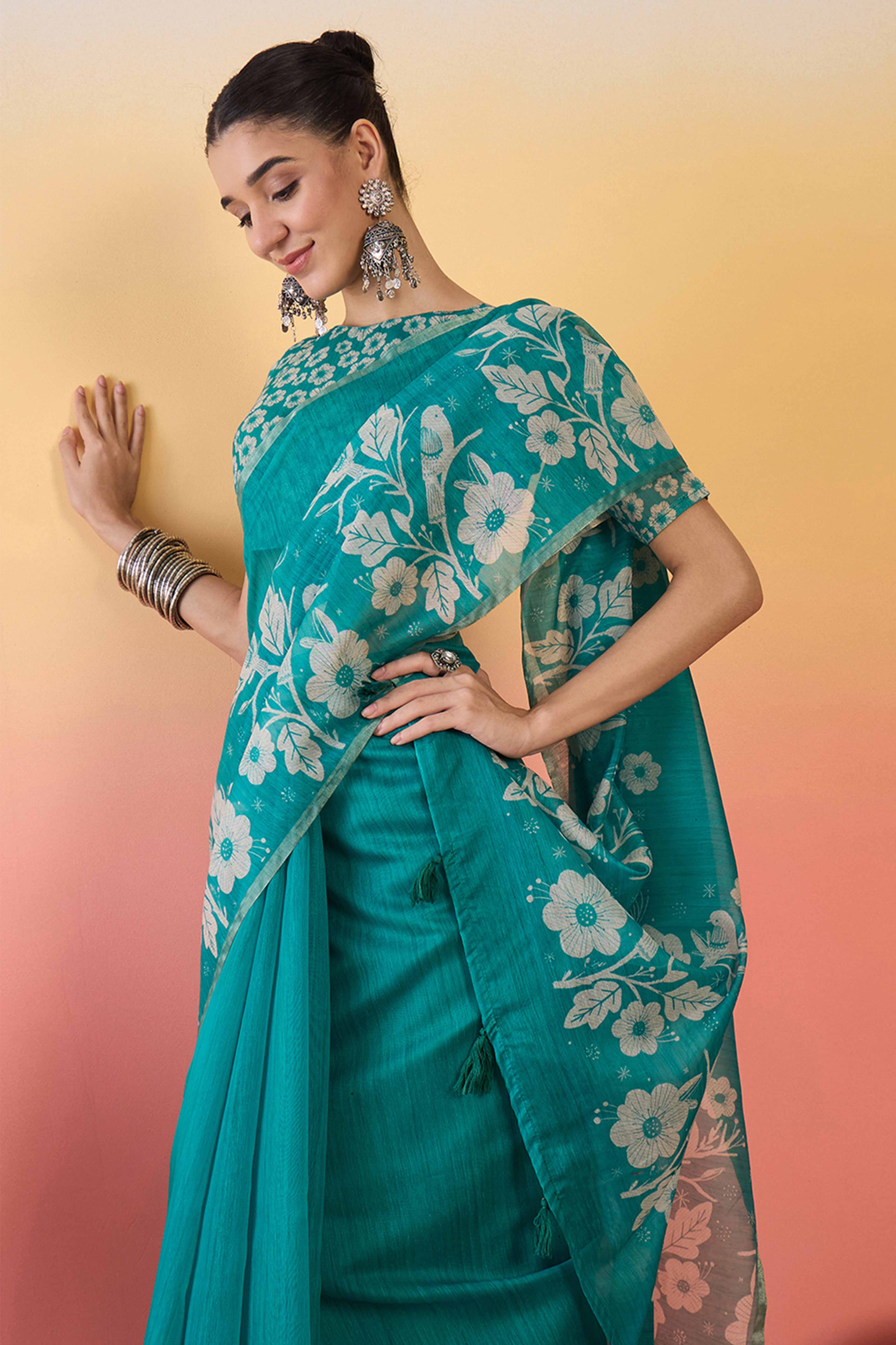 Turquoise Linen Cotton Saree Featuring Elegant Floral & Bird Prints With Tassel Pallu