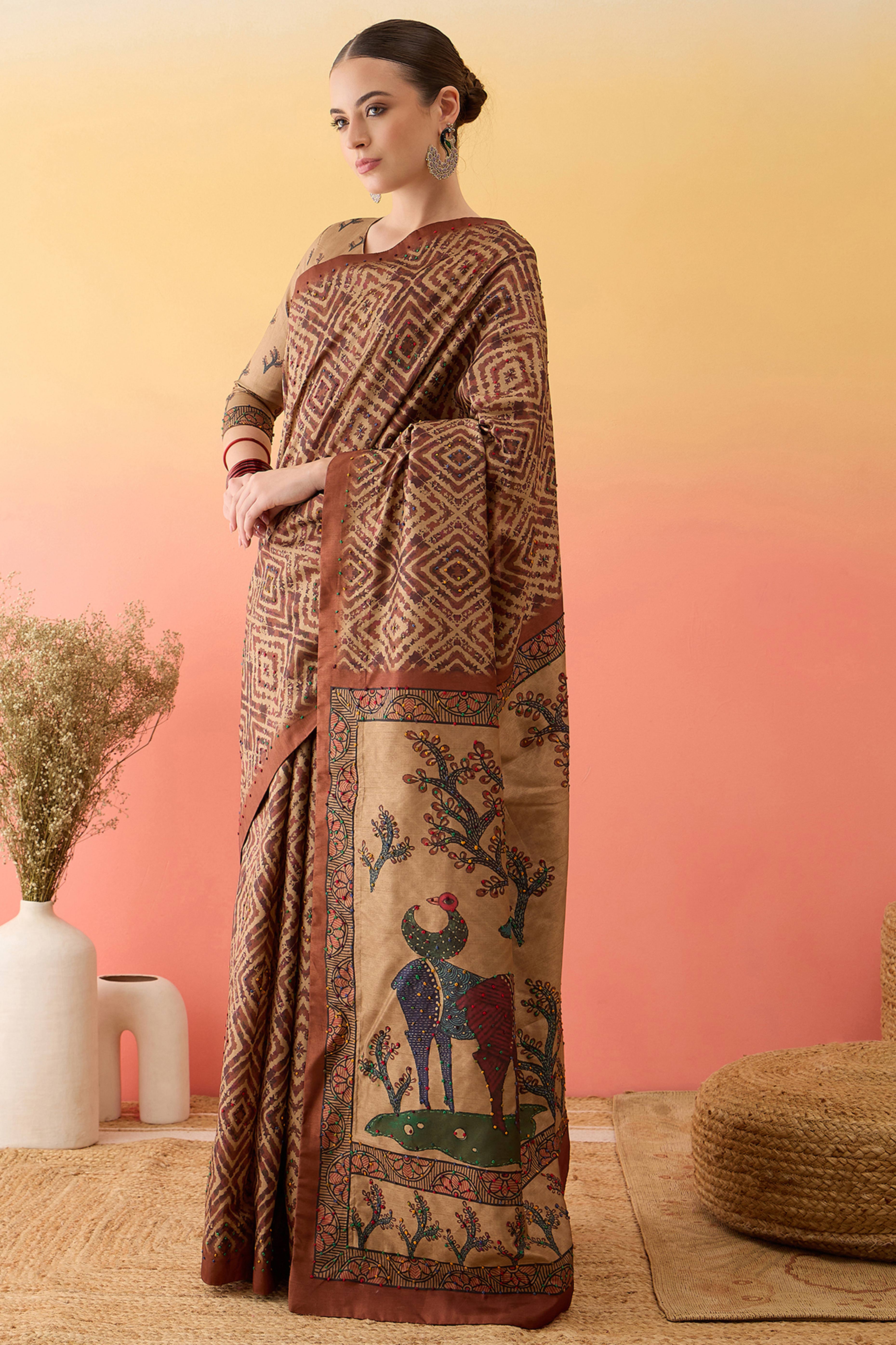 Beige Cotton Silk Saree Traditional Kalamkari Style Print Knot Work Ethnic Elegance